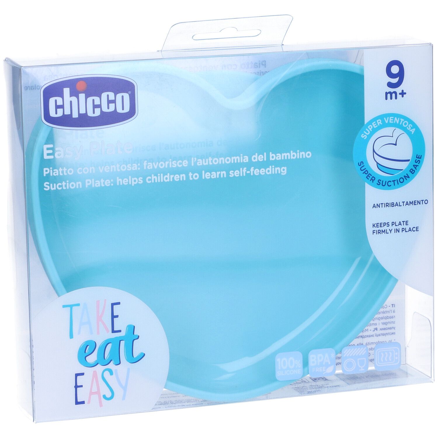 Piatto a forma di cuore azzurro in confezione. Marchio Chicco, testo: Easy Plate, 9m+.