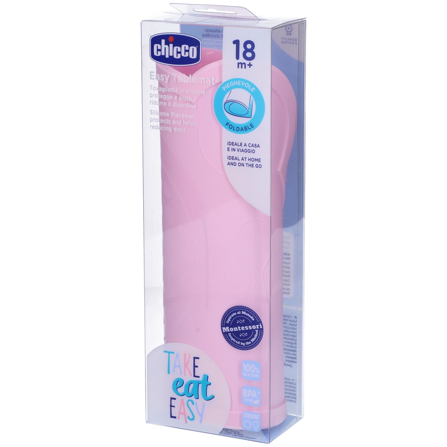 Chicco Tovaglietta in Silicone Rosa, confezionata. Rosa, pieghevole, per 18+ mesi. Con scritte e logo.