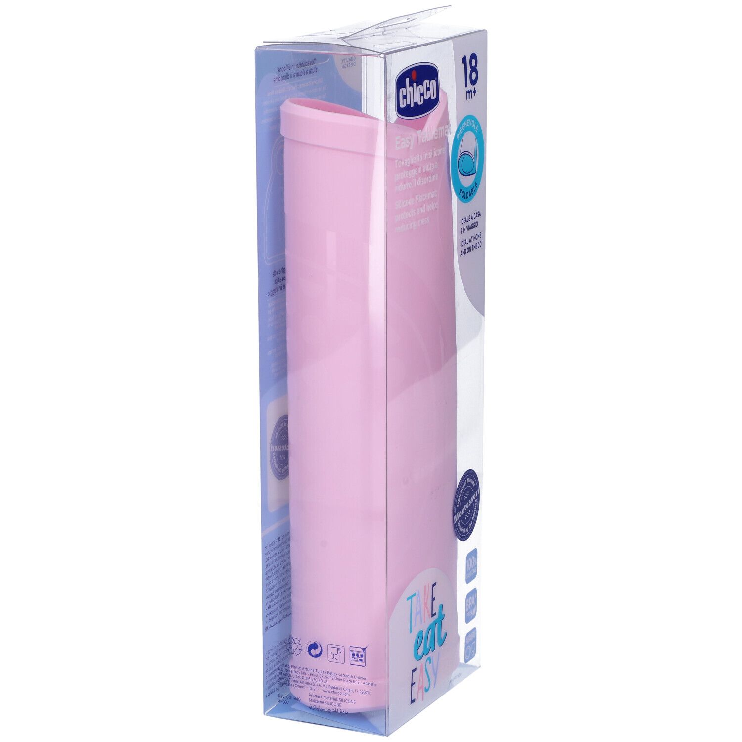 Chicco Tovaglietta in Silicone Rosa, confezionata. Forma cilindrica, rosa. Per 18+ mesi.