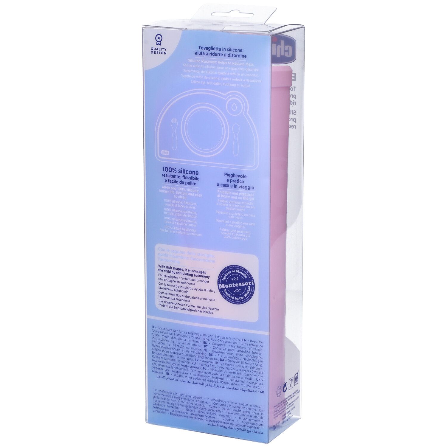 Retro confezione Chicco Tovaglietta in Silicone Rosa. Rosa, pieghevile. Con loghi e testo.
