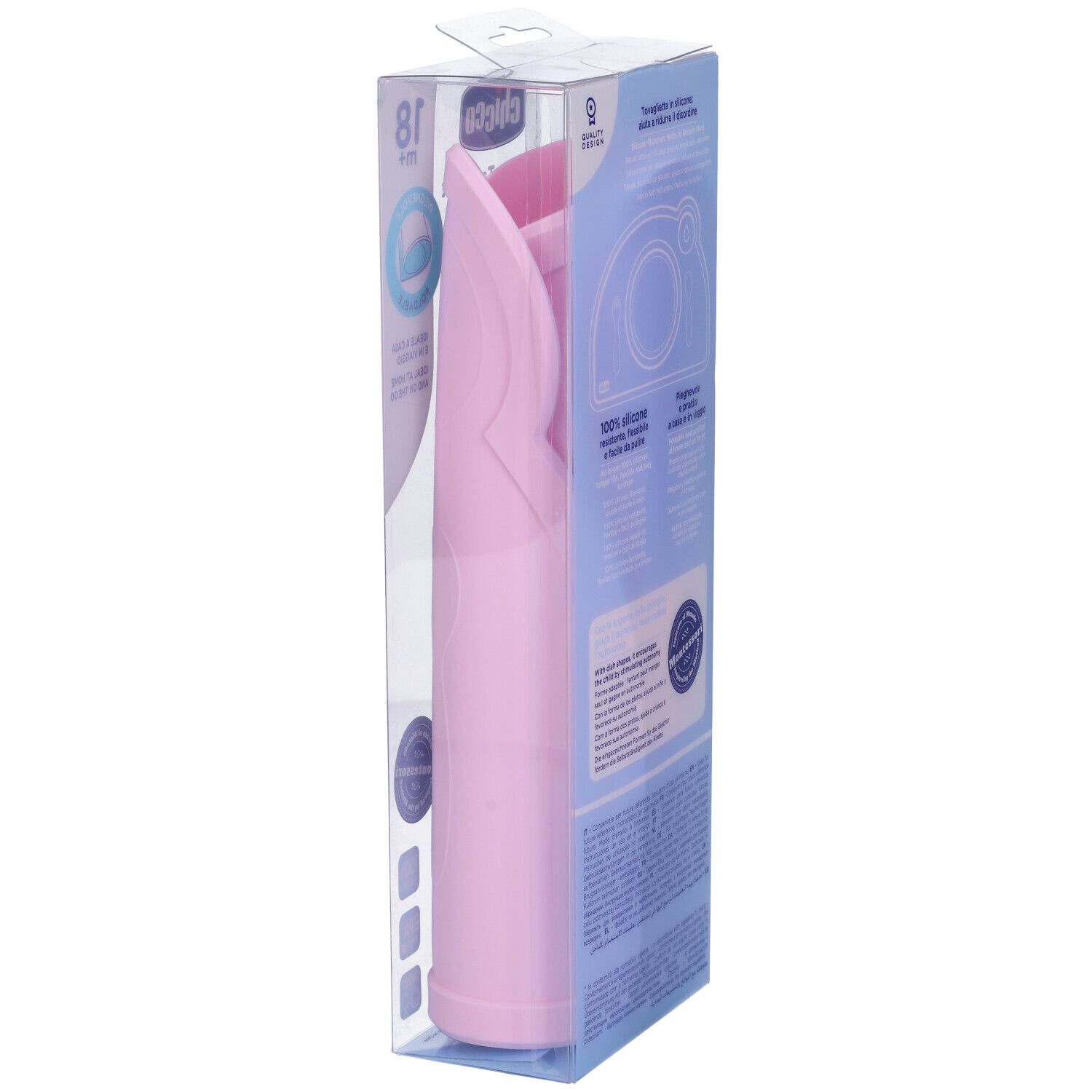 Chicco Tovaglietta in Silicone Rosa, confezionata. Rosa, piegata. Per 18+ mesi.