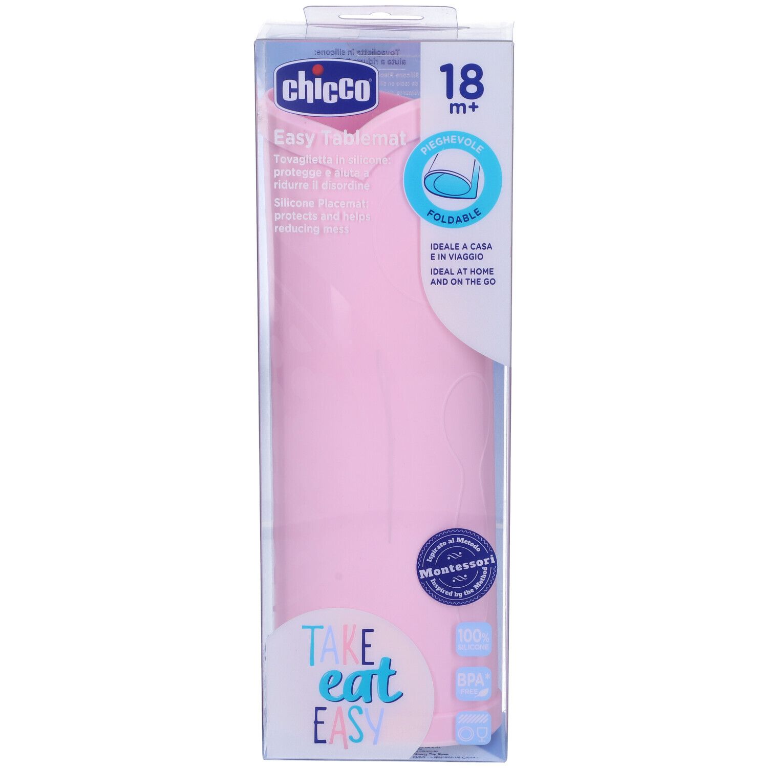 Chicco Tovaglietta in Silicone Rosa, confezionata. Rosa, pieghevole. Per 18+ mesi. Con logo e testo.