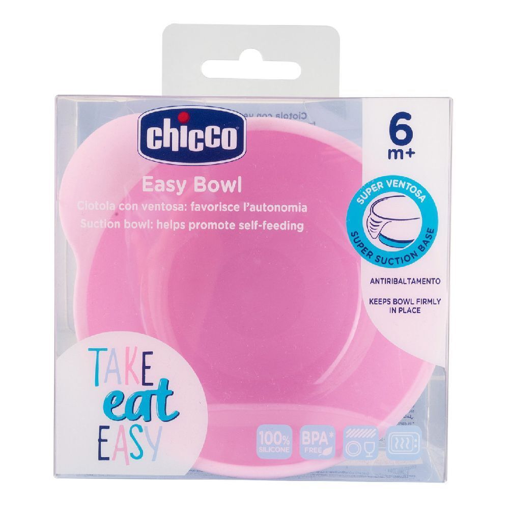 Ciotola in silicone rosa Chicco Easy Bowl. Confezione con informazioni sul prodotto e raccomandazione di età 6m+.