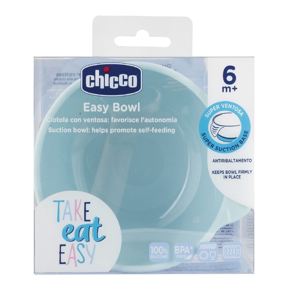 Ciotola in silicone azzurro in confezione. Marchio Chicco, Easy Bowl. Con ventosa e senza BPA. Adatta dai 6 mesi.