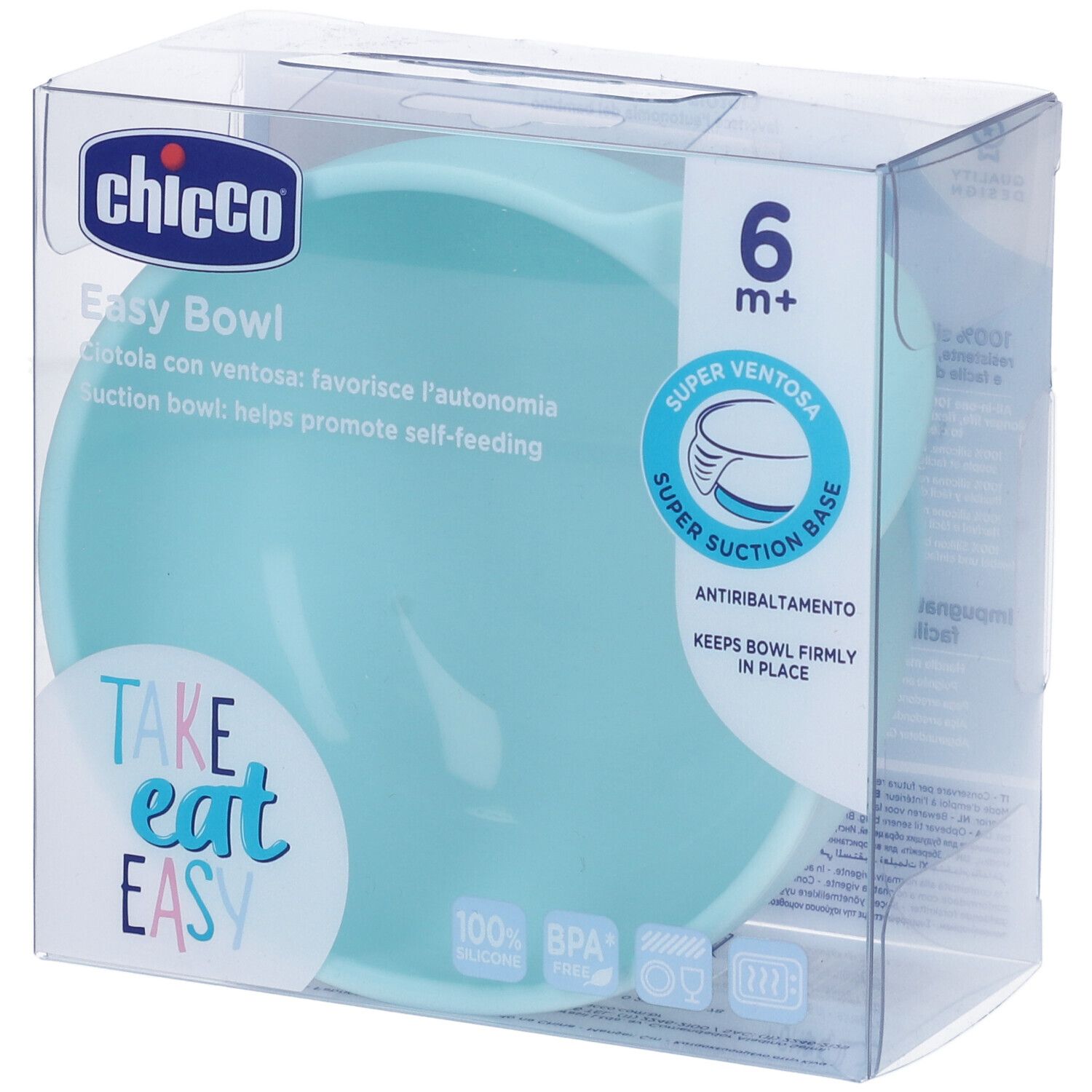 Ciotola in silicone azzurro in confezione. Marchio Chicco, Easy Bowl. Con ventosa e senza BPA. Adatta dai 6 mesi.