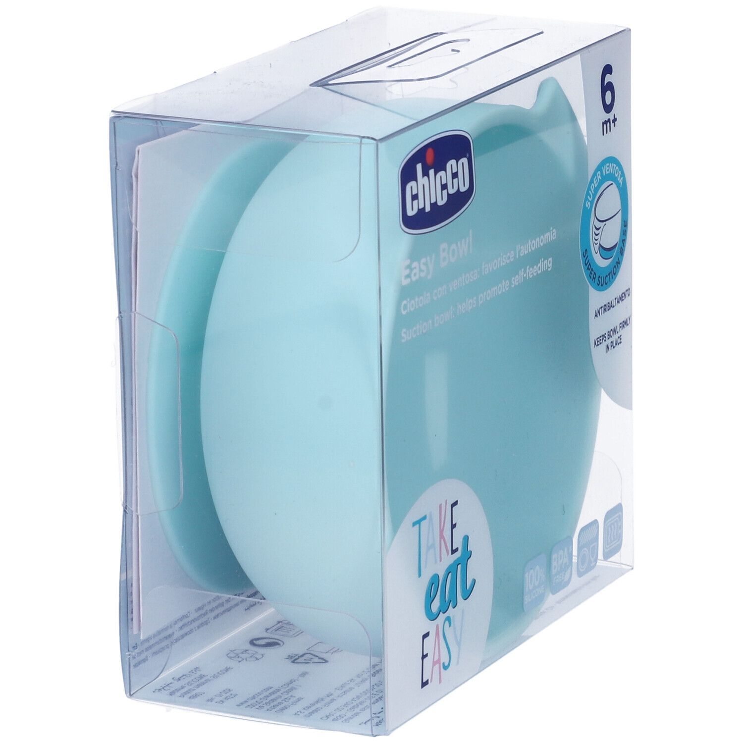Ciotola in silicone azzurro in confezione. Marchio Chicco, Easy Bowl. Con ventosa e senza BPA. Adatta dai 6 mesi.