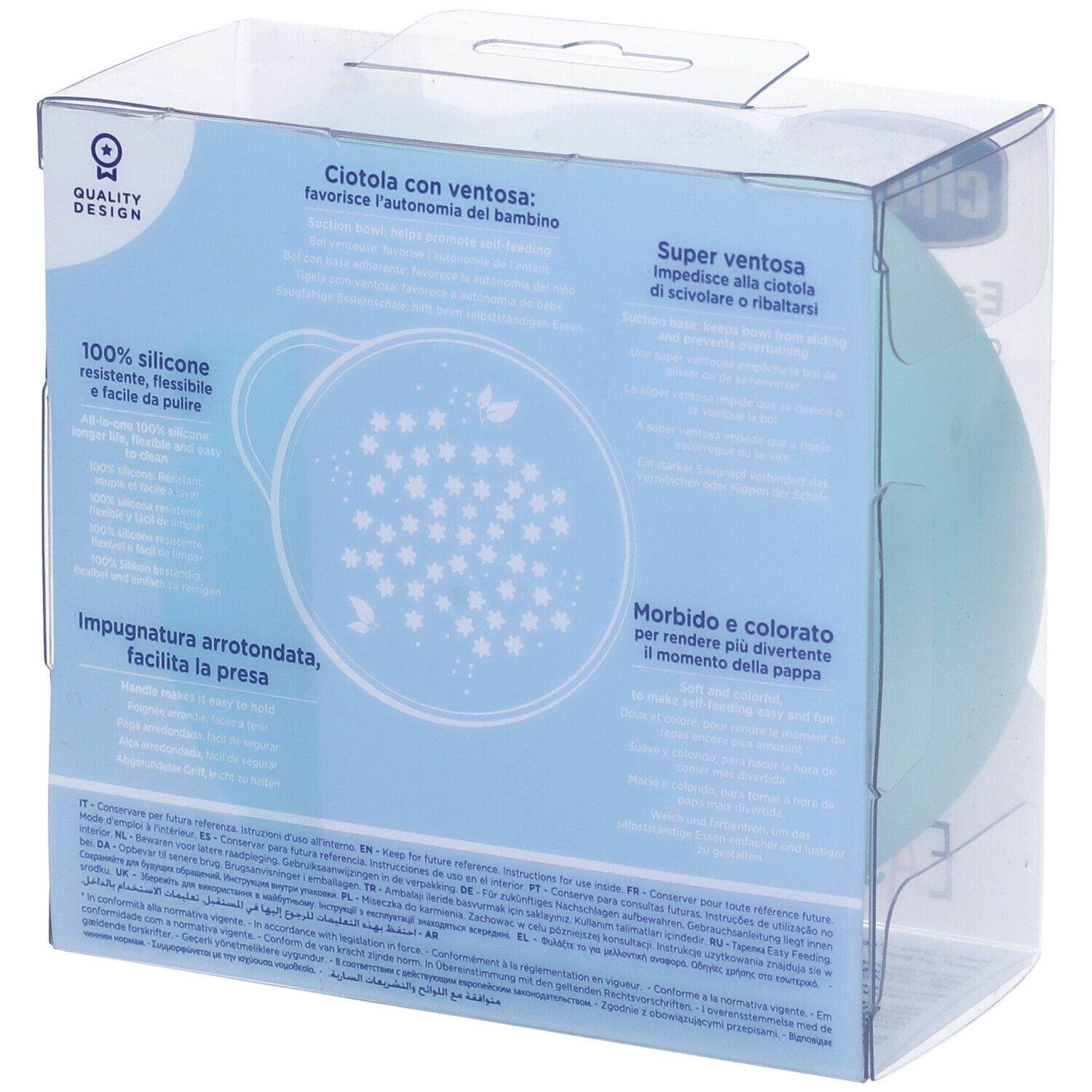 Ciotola in silicone azzurro in confezione. Marchio Chicco, Easy Bowl. Con ventosa e senza BPA. Adatta dai 6 mesi.