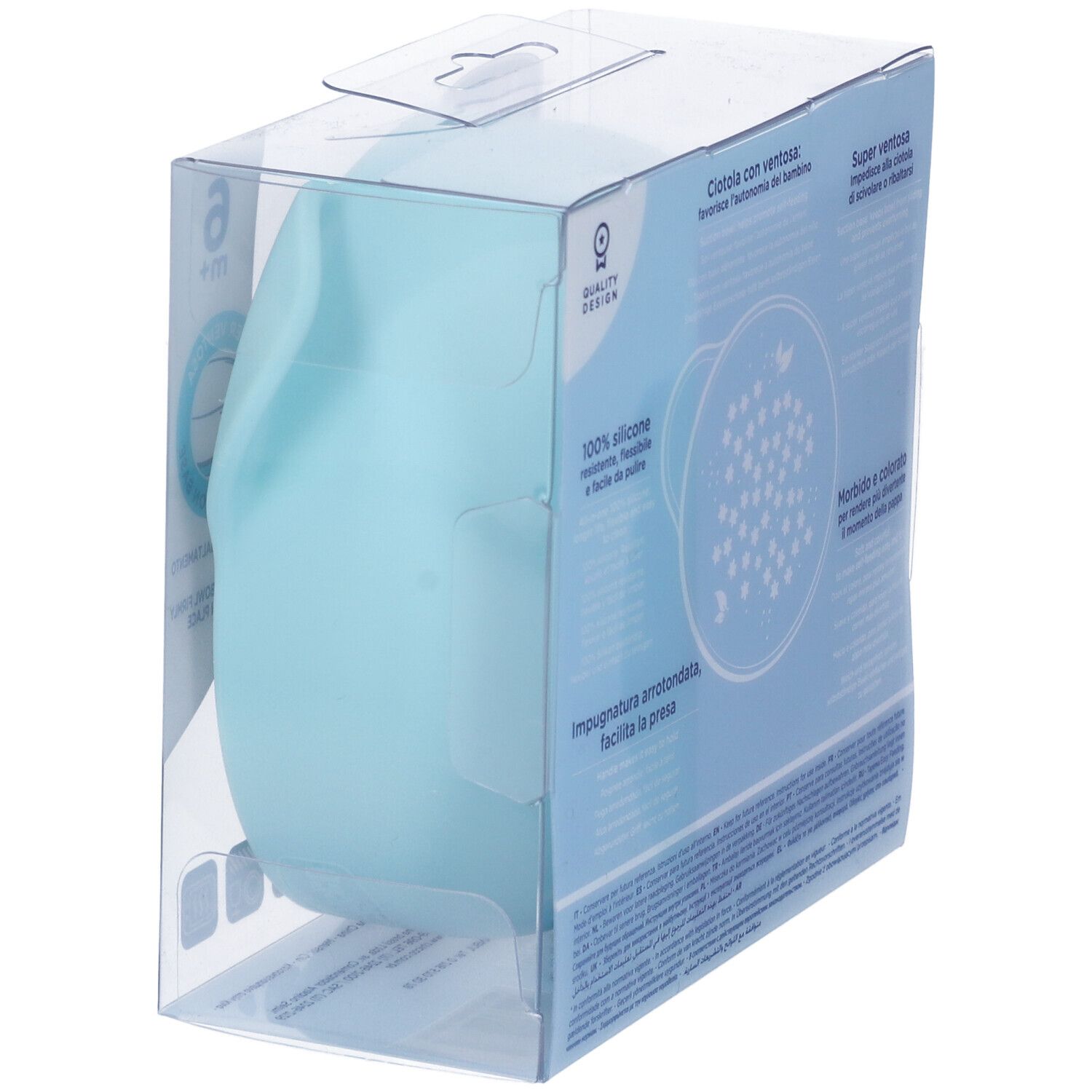 Retro della confezione. Ciotola in silicone azzurro. Marchio Chicco. Con ventosa. Senza BPA. Adatta dai 6 mesi.