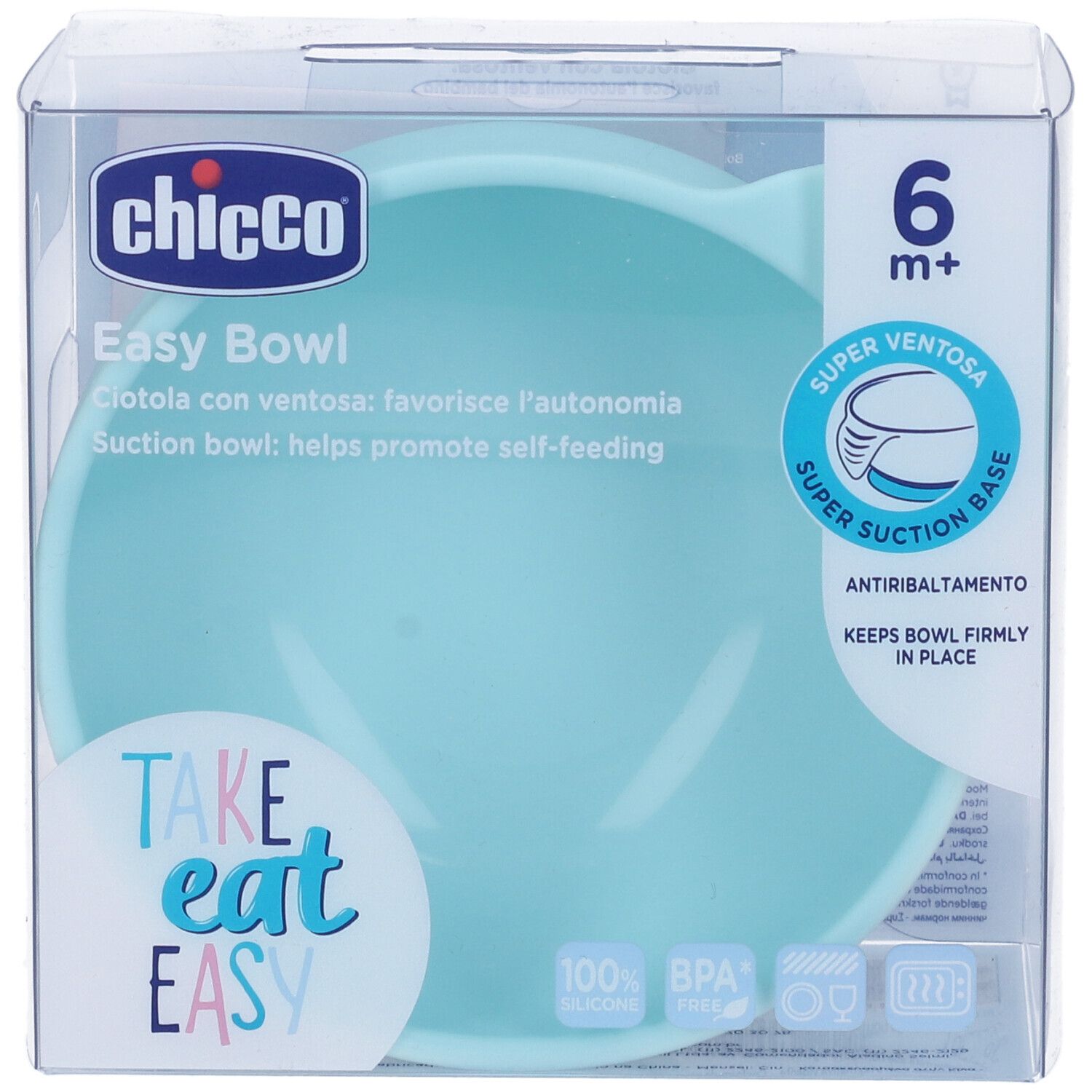 Ciotola in silicone azzurro in confezione. Marchio Chicco, Easy Bowl. Con ventosa e senza BPA. Adatta dai 6 mesi.