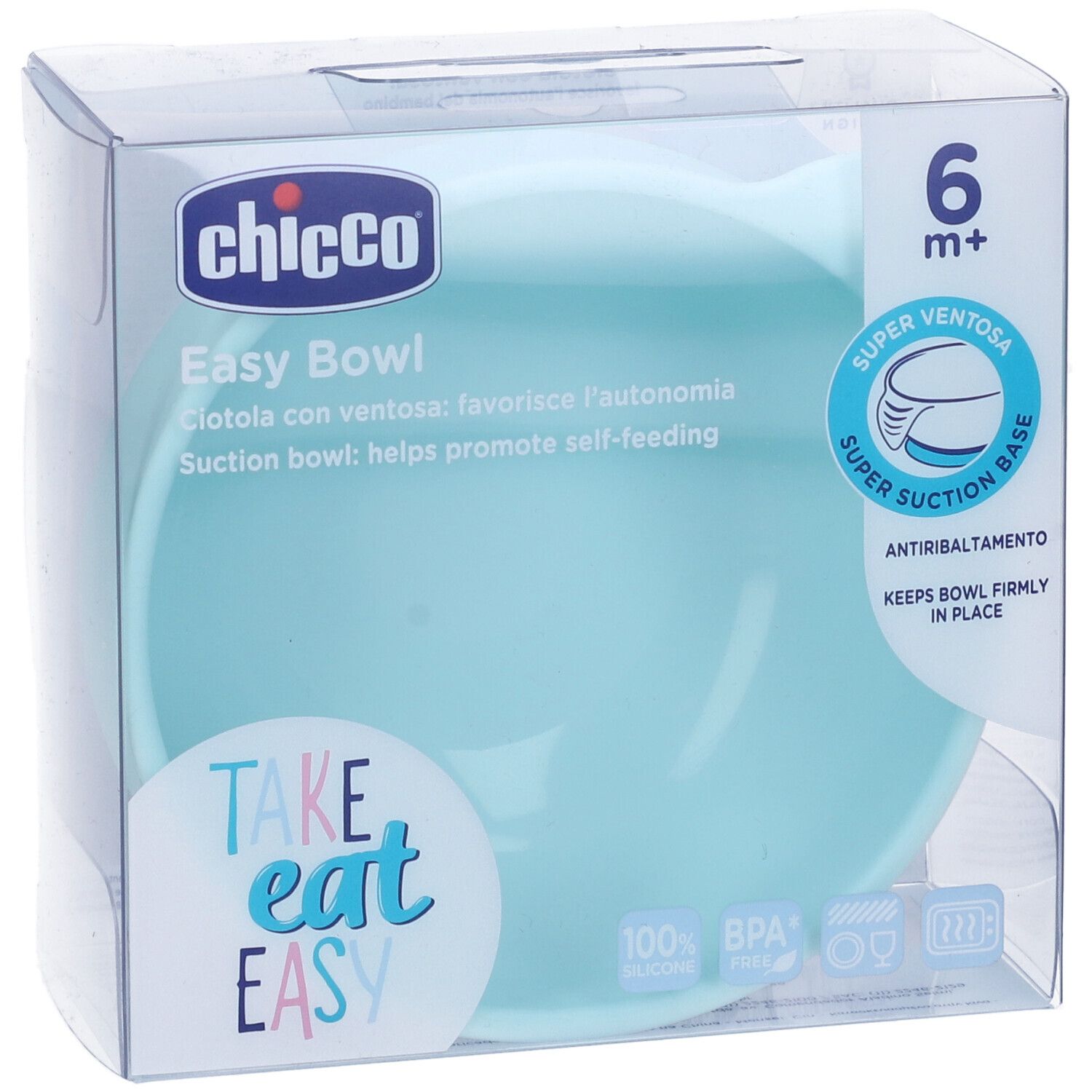 Ciotola in silicone azzurro in confezione. Marchio Chicco, Easy Bowl. Con ventosa e senza BPA. Adatta dai 6 mesi.