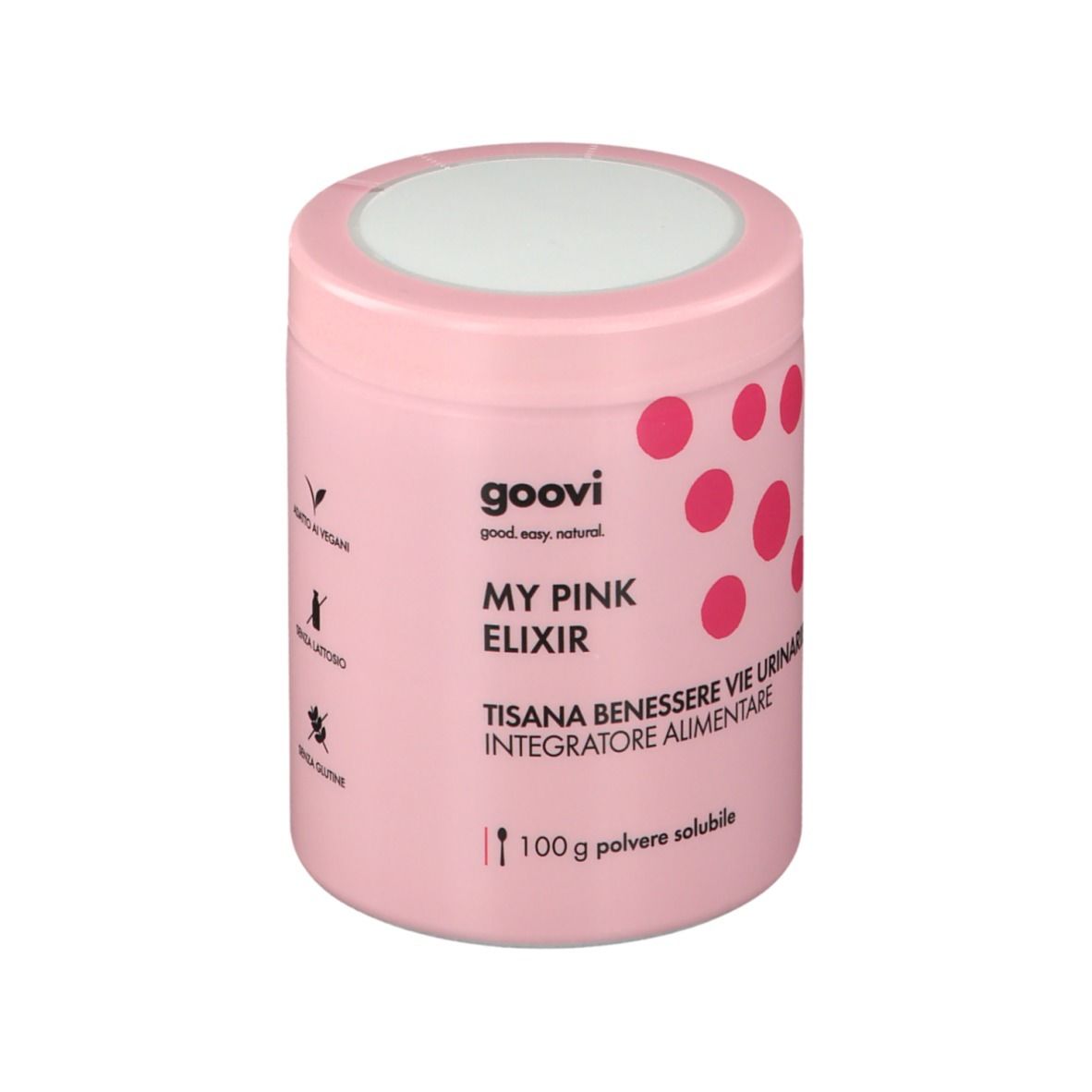 Barattolo rosa con coperchio bianco. Goovi My Pink Elixir, Tisana Benessere Vie Urinarie. 100g polvere. Punti rosa.