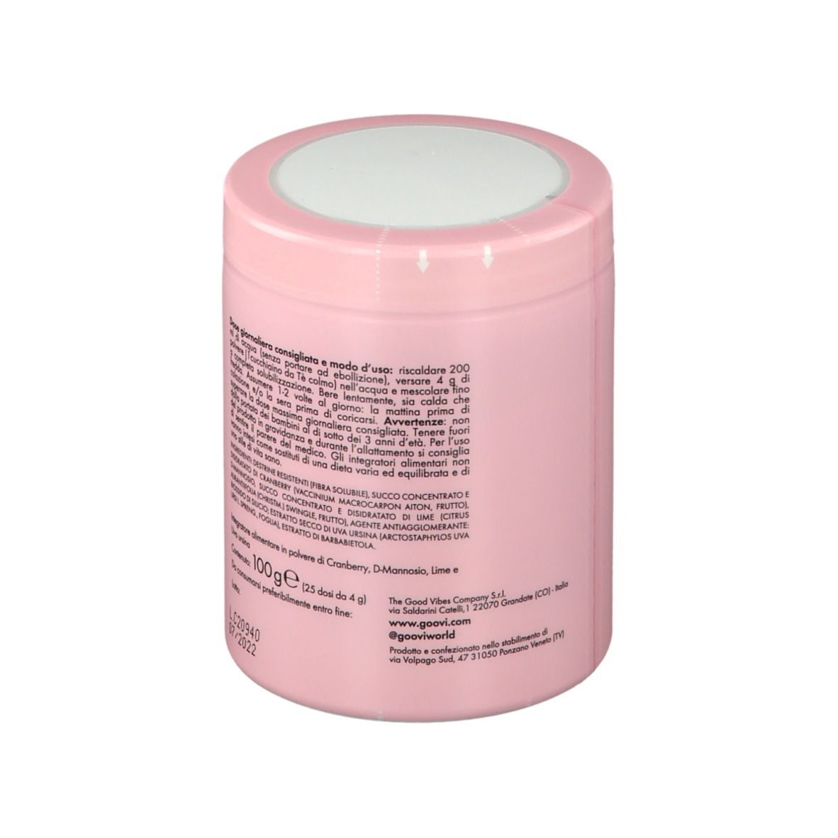 Barattolo rosa con coperchio bianco. Goovi My Pink Elixir, Tisana Benessere Vie Urinarie. 100g polvere. Testo sul retro.