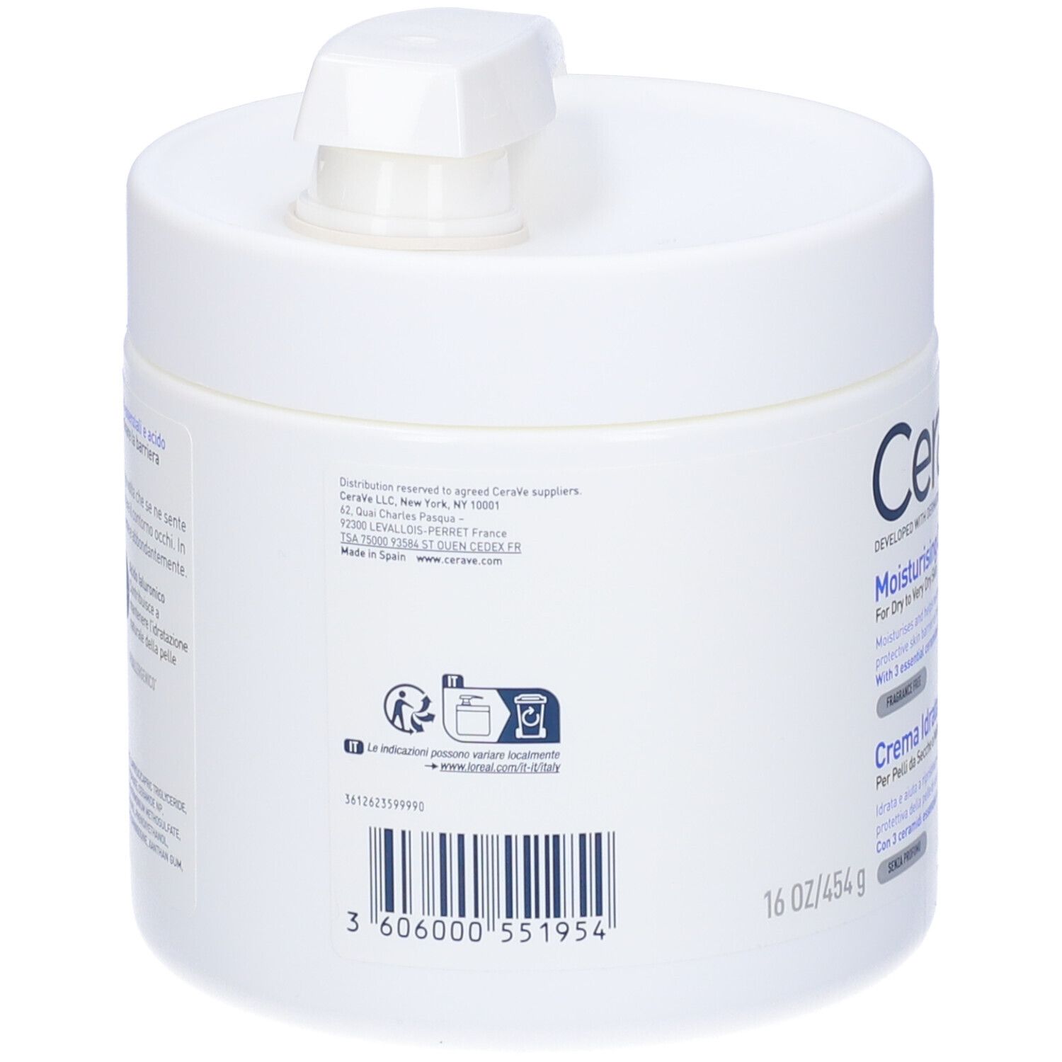 Rückseite des Tiegels. Text und Barcode. 454g.