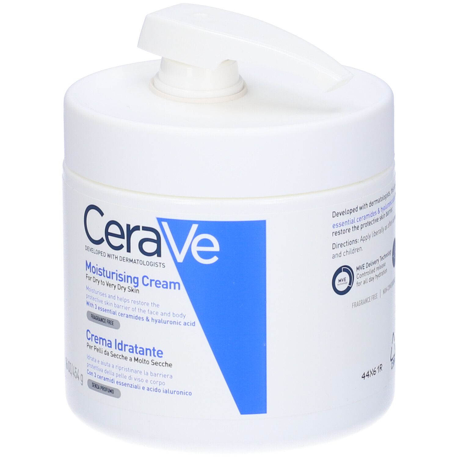 Weißer Tiegel mit Pumpe. CeraVe-Logo und Produktbezeichnung. 454g.