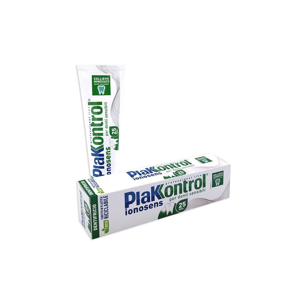 Tubo e scatola di dentifricio Plakkontrol Ionosens per denti sensibili. Confezione bianca e verde.
