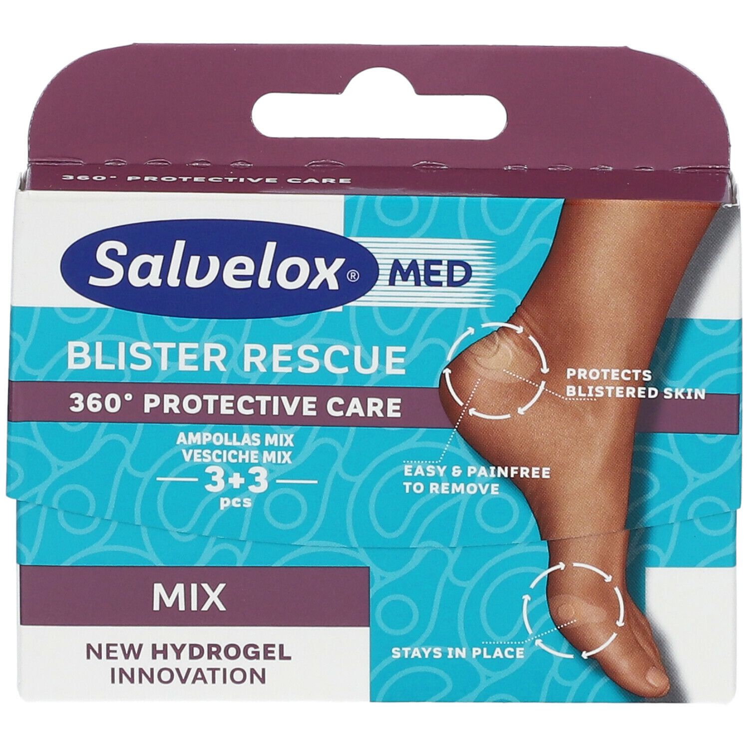 Confezione Salvelox MED Blister Rescue MIX. Piede con cerotti. 3+3 pezzi. 360° Protective Care.