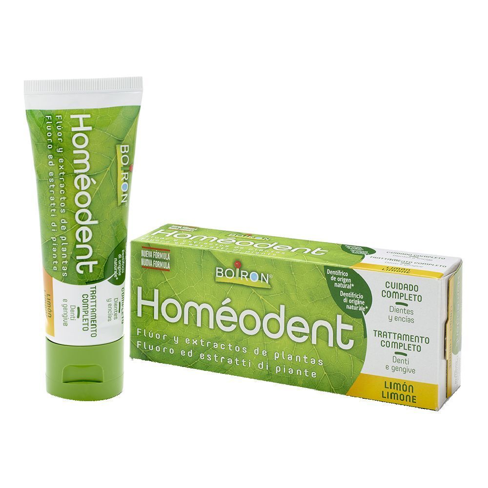 Tubo e scatola di dentifricio Homéodent, BOIRON. Verde e bianco. Gusto limone.