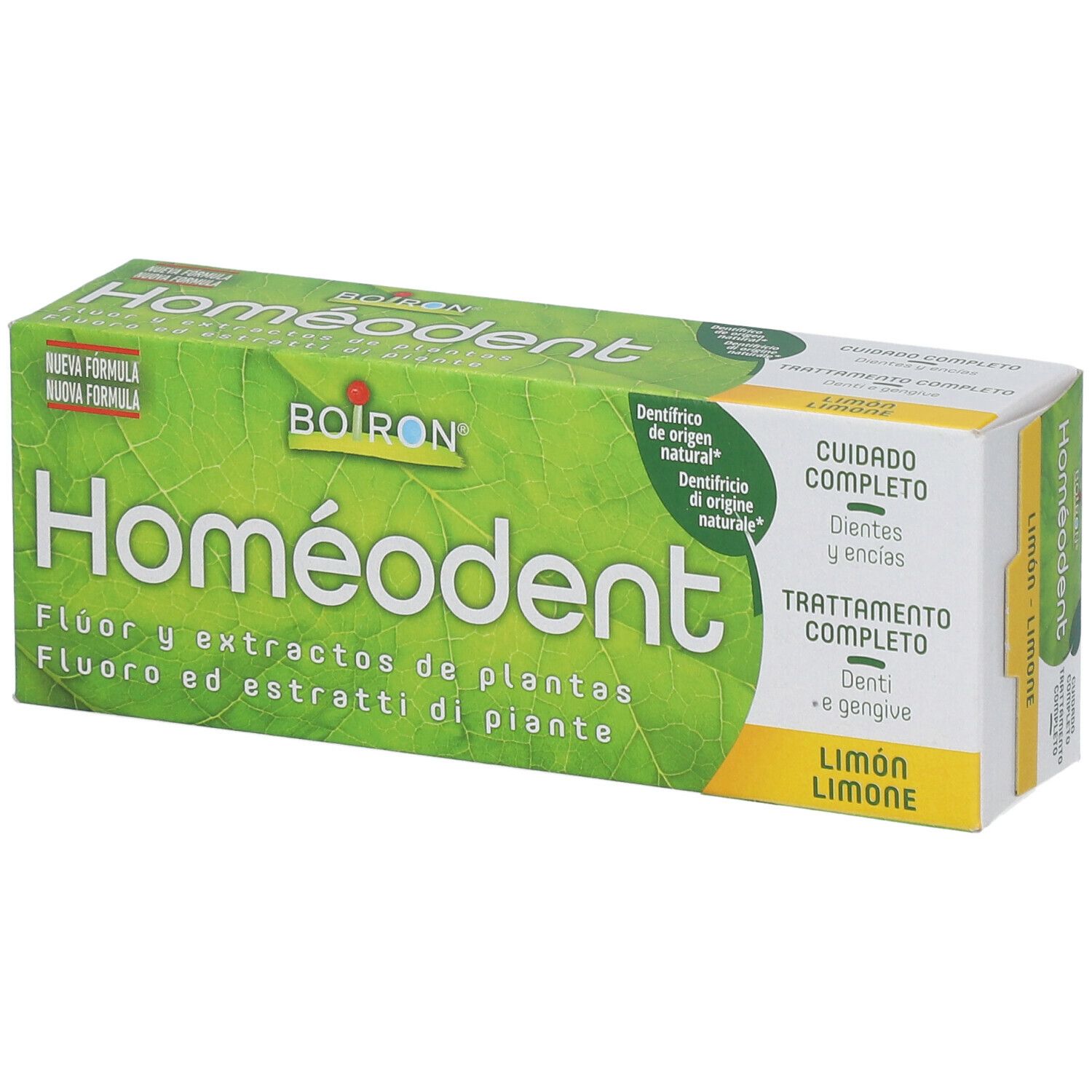 Scatola di dentifricio Homéodent, BOIRON. Verde e bianco. Gusto limone.