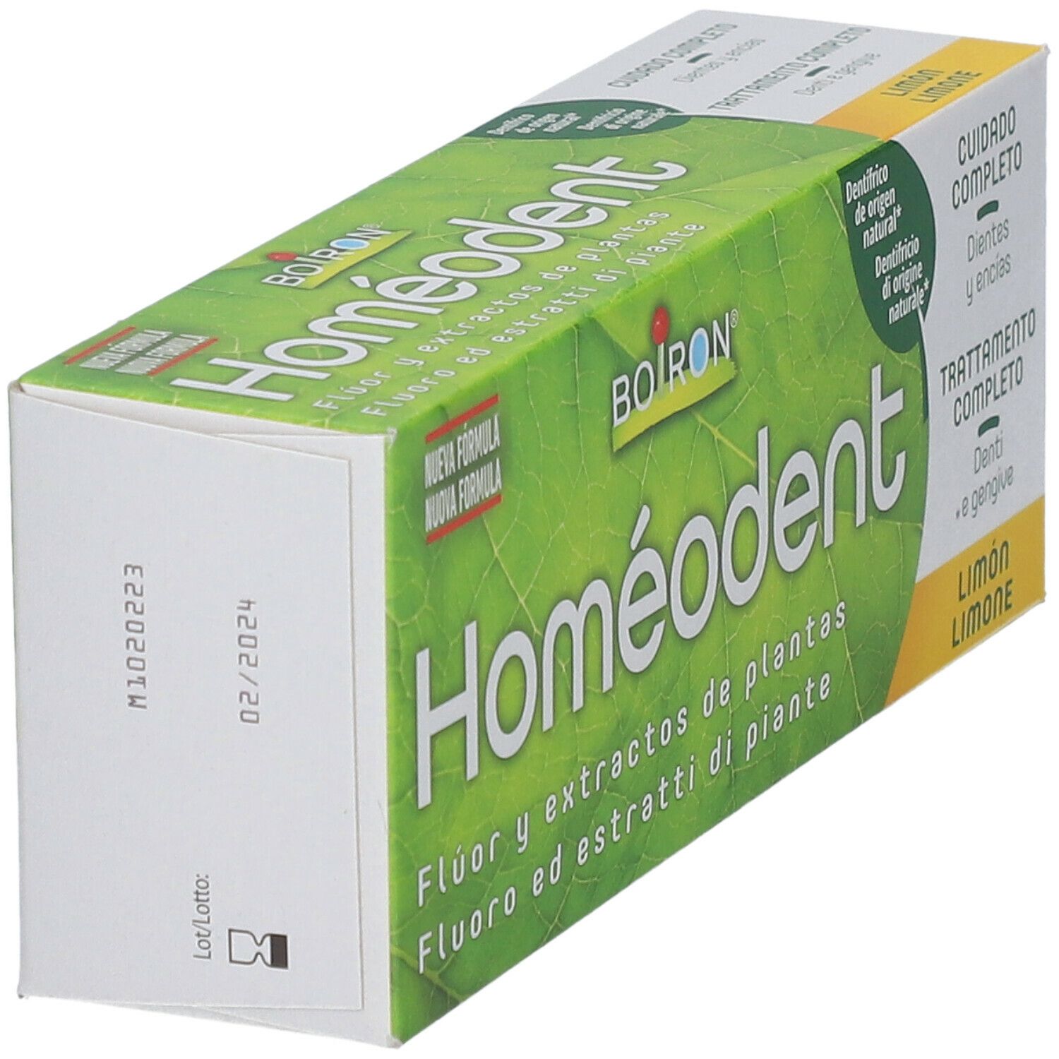 Scatola di dentifricio Homéodent, BOIRON. Verde e bianco. Gusto limone.