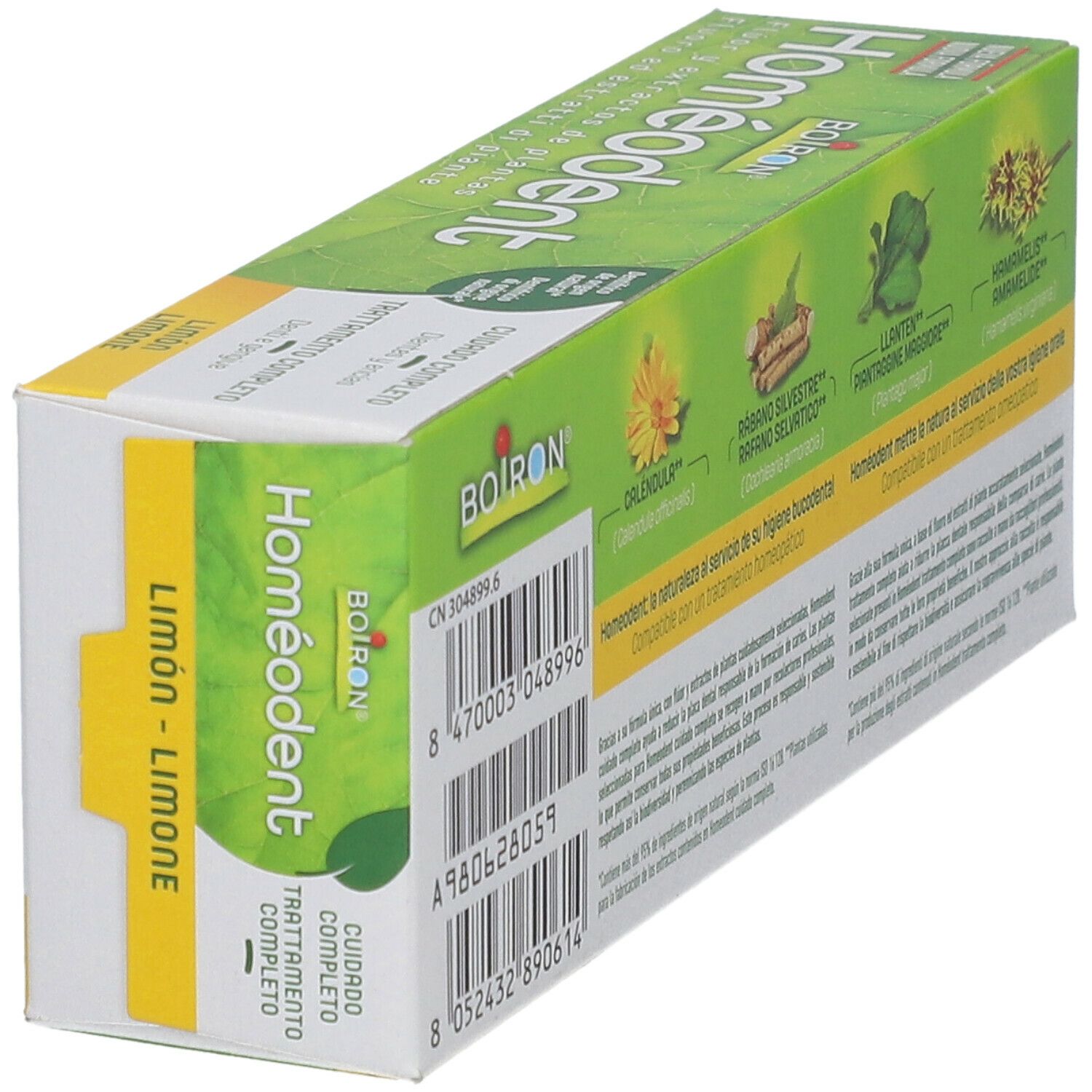 Retro della scatola di dentifricio Homéodent, BOIRON. Verde e bianco. Gusto limone.