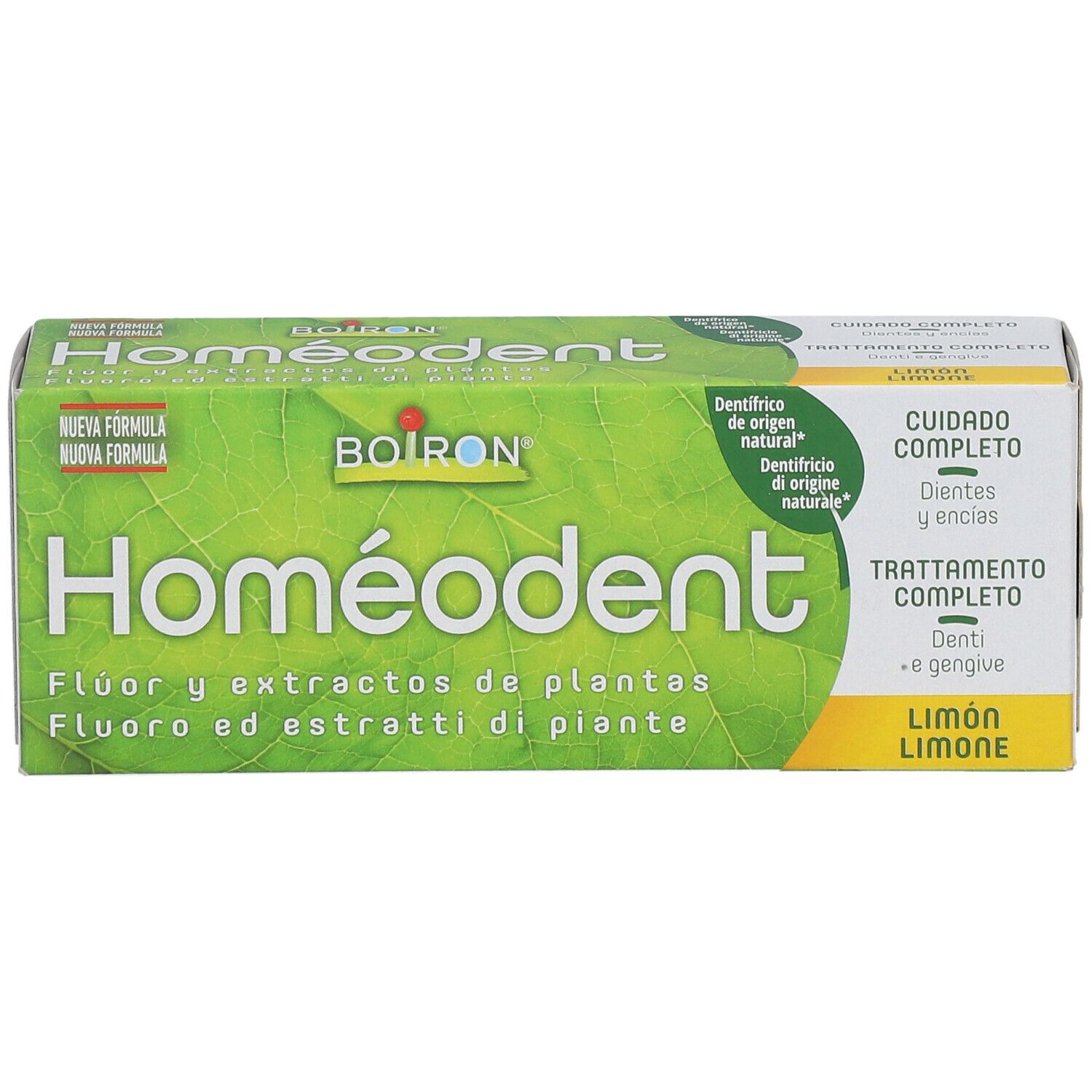 Scatola di dentifricio Homéodent, BOIRON. Verde e bianco. Gusto limone.