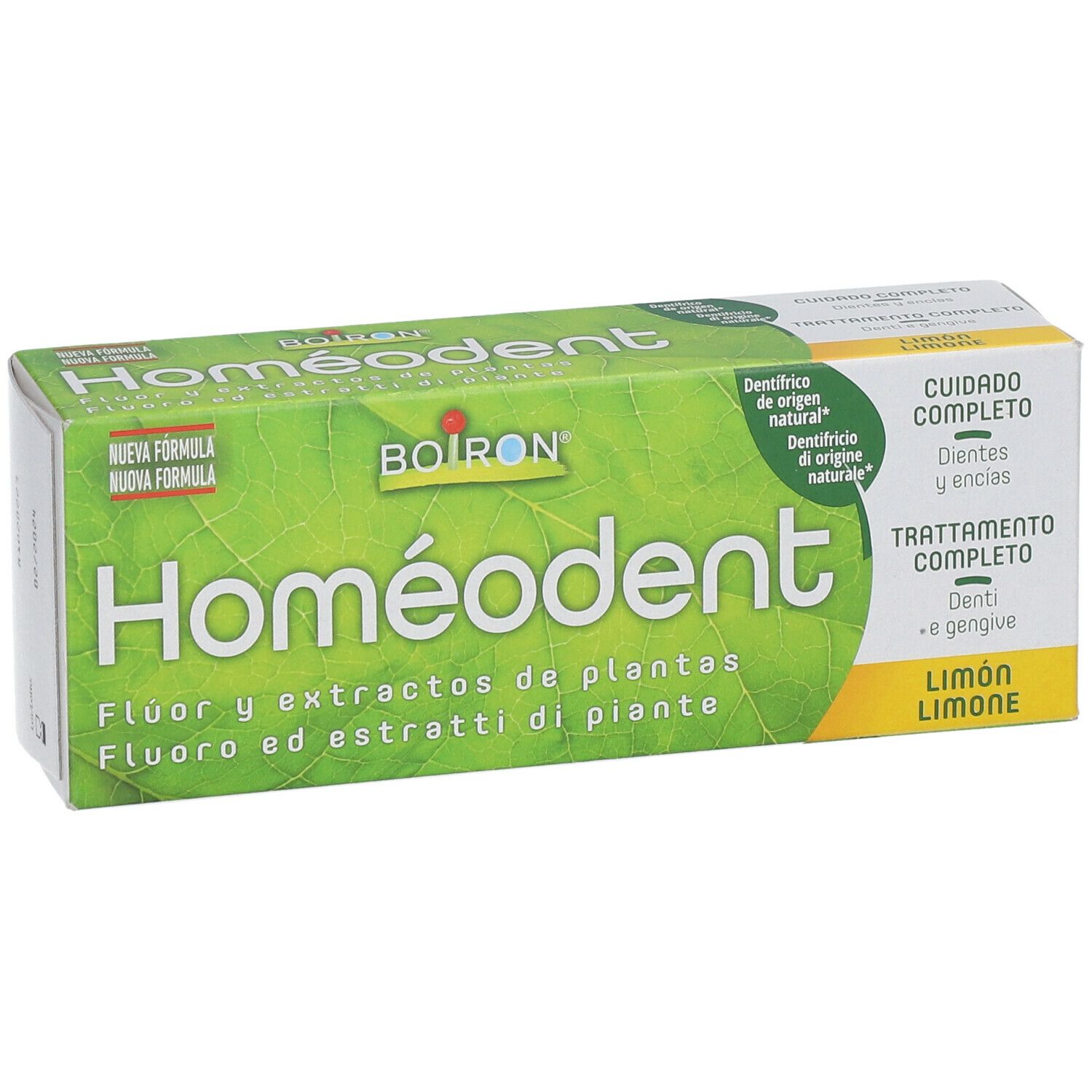 Scatola di dentifricio Homéodent, BOIRON. Verde e bianco. Gusto limone.