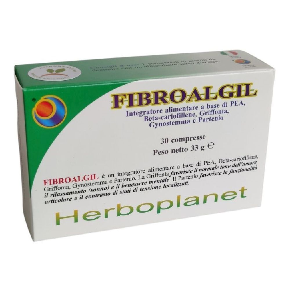 Scatola di compresse FIBROALGIL. Confezione verde e bianca con nome e logo del prodotto. 30 compresse, 33 g.