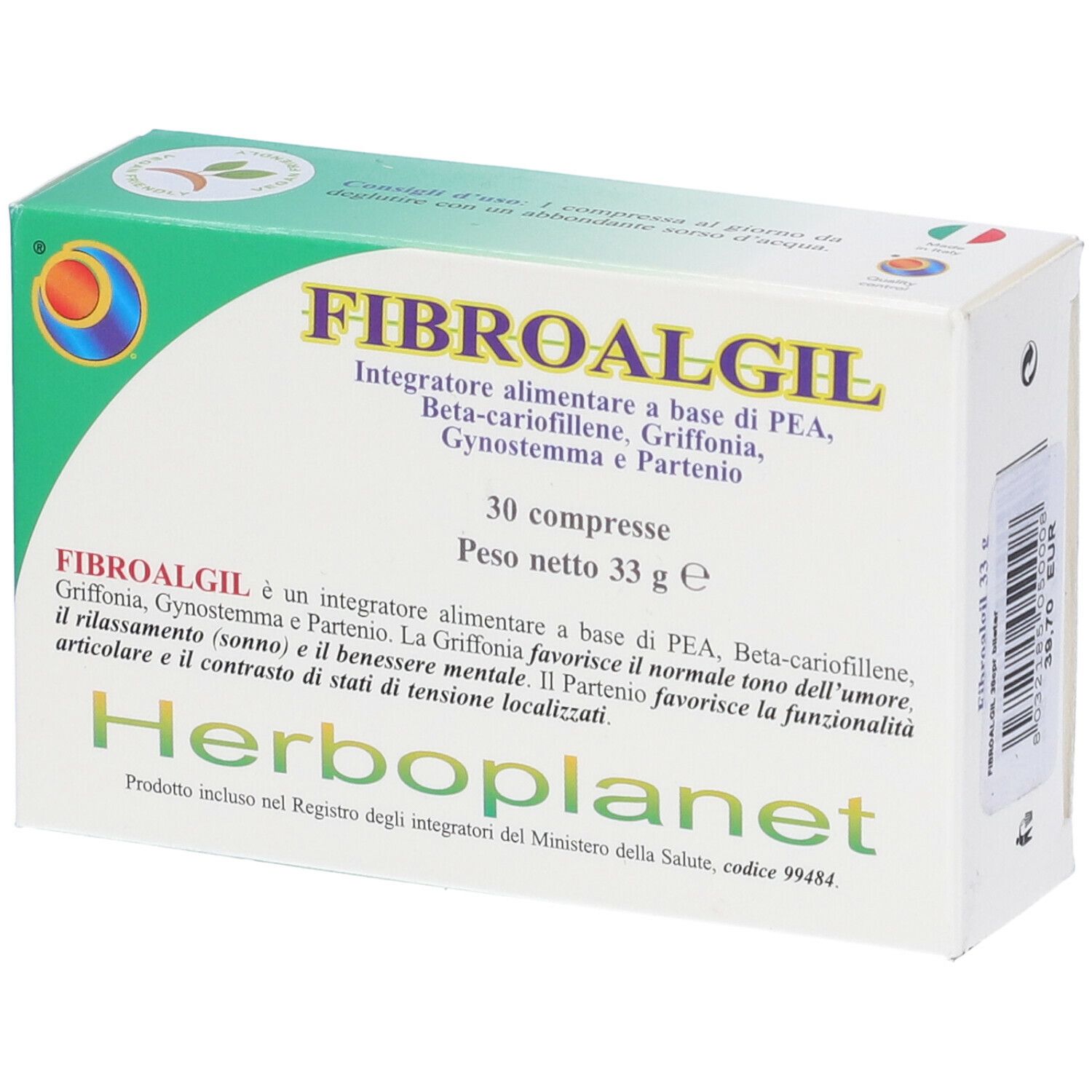 Confezione di compresse FIBROALGIL. Verde e bianco con nome e logo. 30 compresse, 33 g. Vista obliqua.