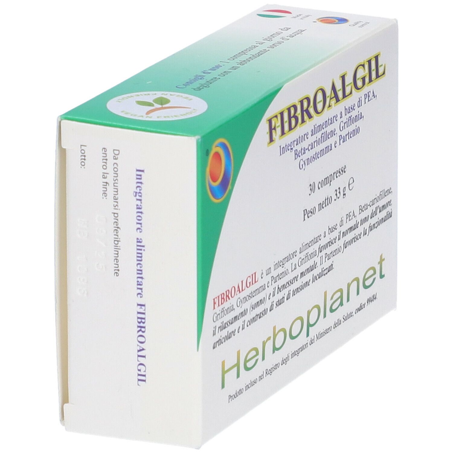Confezione di compresse FIBROALGIL. Verde e bianco con nome e logo. 30 compresse, 33 g. Vista obliqua.