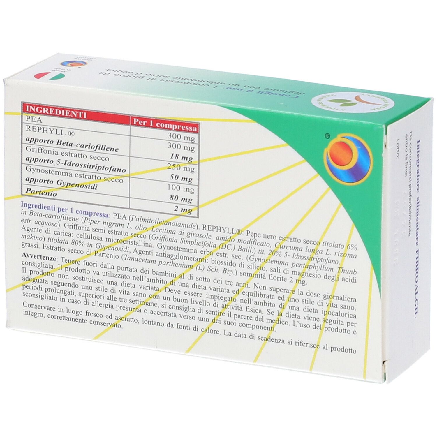 Retro della confezione di compresse FIBROALGIL. Elenco ingredienti e informazioni nutrizionali. Testo in italiano.