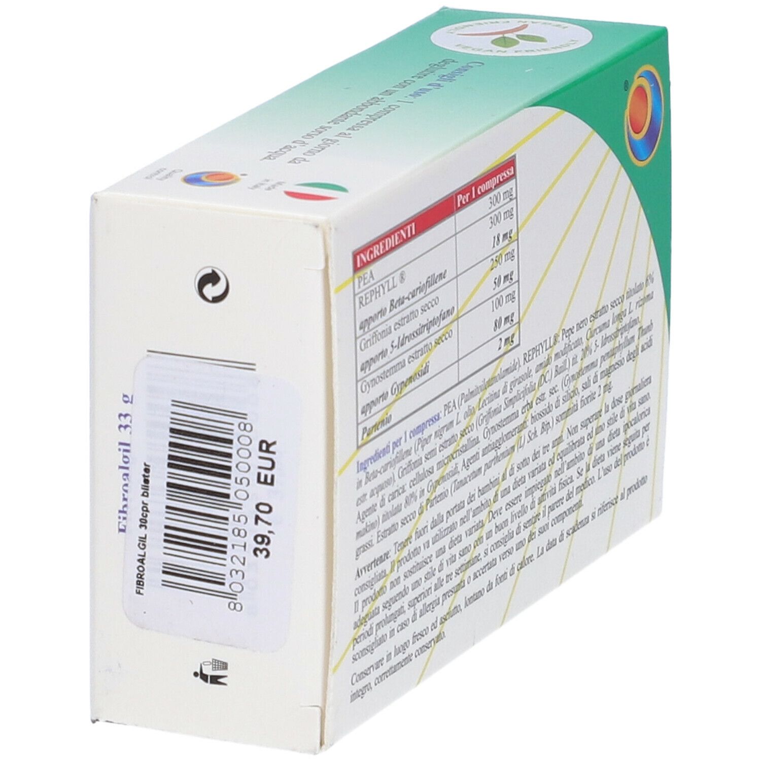 Confezione di compresse FIBROALGIL. Verde e bianco con nome e logo. 30 compresse, 33 g. Vista obliqua.
