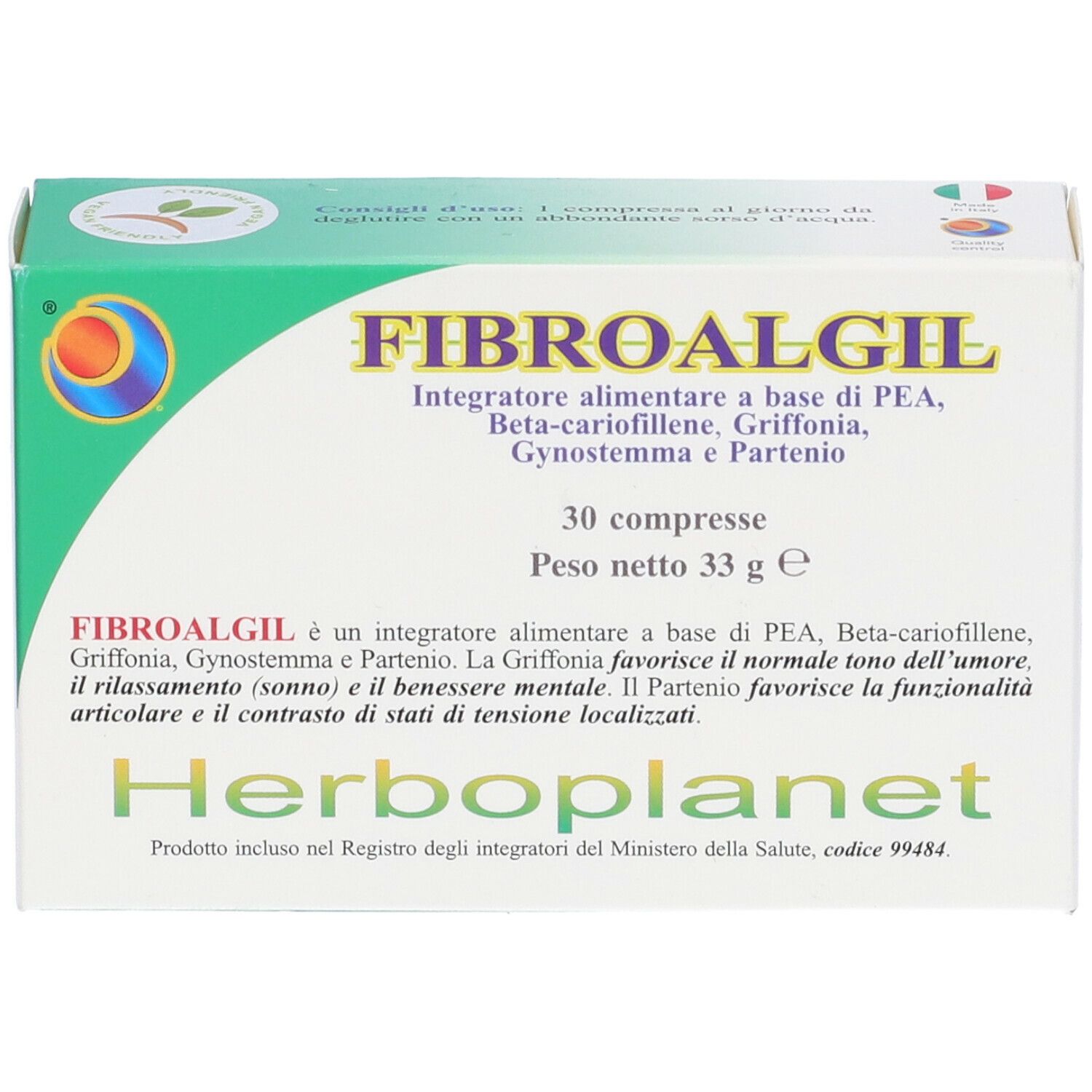 Confezione di compresse FIBROALGIL. Verde e bianco con nome e logo. 30 compresse, 33 g. Vista.