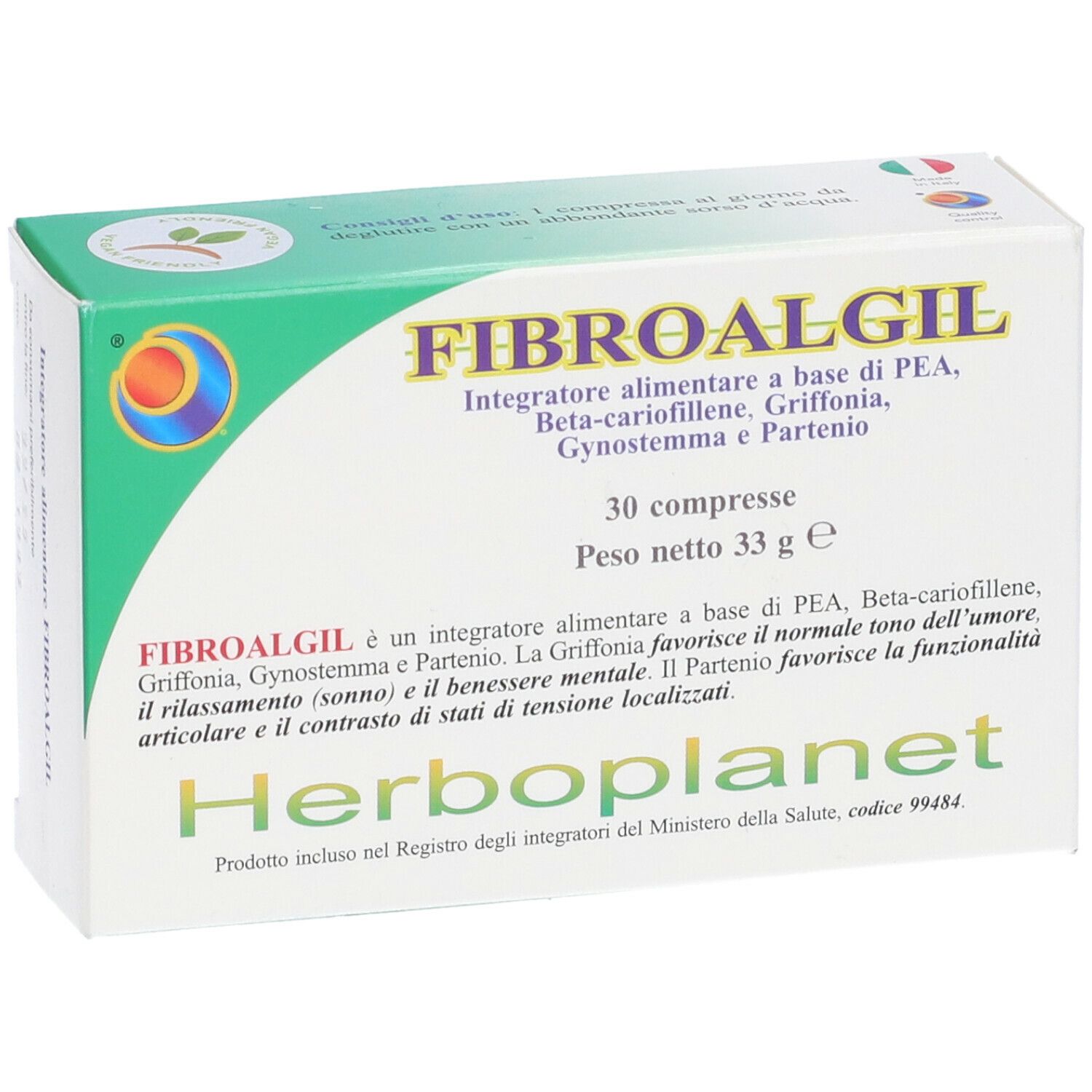 Confezione di compresse FIBROALGIL. Verde e bianco con nome e logo. 30 compresse, 33 g. Vista.