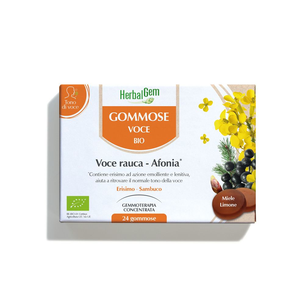 Scatola di caramelle gommose. Scritta: Gommose Voce Bio. Illustrazioni di fiori e frutta. 24 caramelle gommose, gusto miele e limone.
