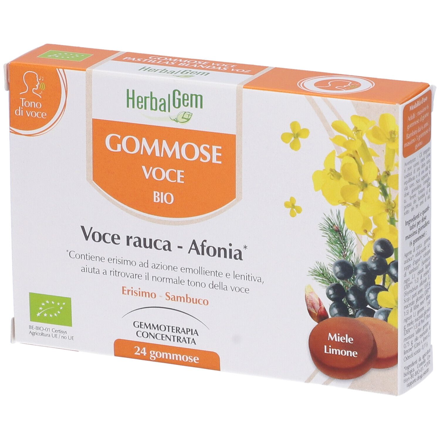 Scatola di caramelle gommose. Scritta: Gommose Voce Bio. Illustrazioni di fiori e frutta. 24 caramelle gommose, gusto miele e limone.
