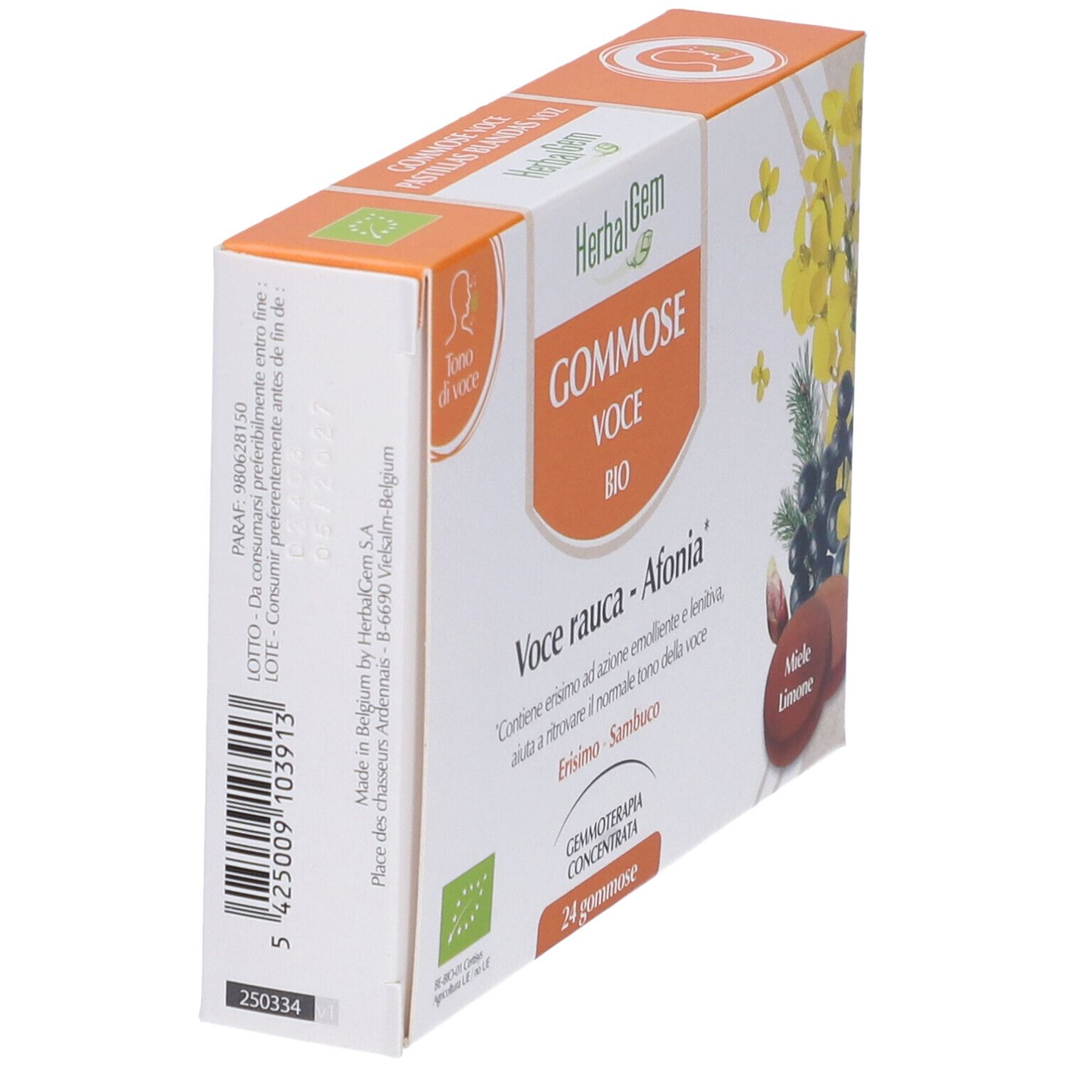 Scatola di caramelle gommose. Scritta: Gommose Voce Bio. Illustrazioni di fiori e frutta. 24 caramelle gommose, gusto miele e limone.