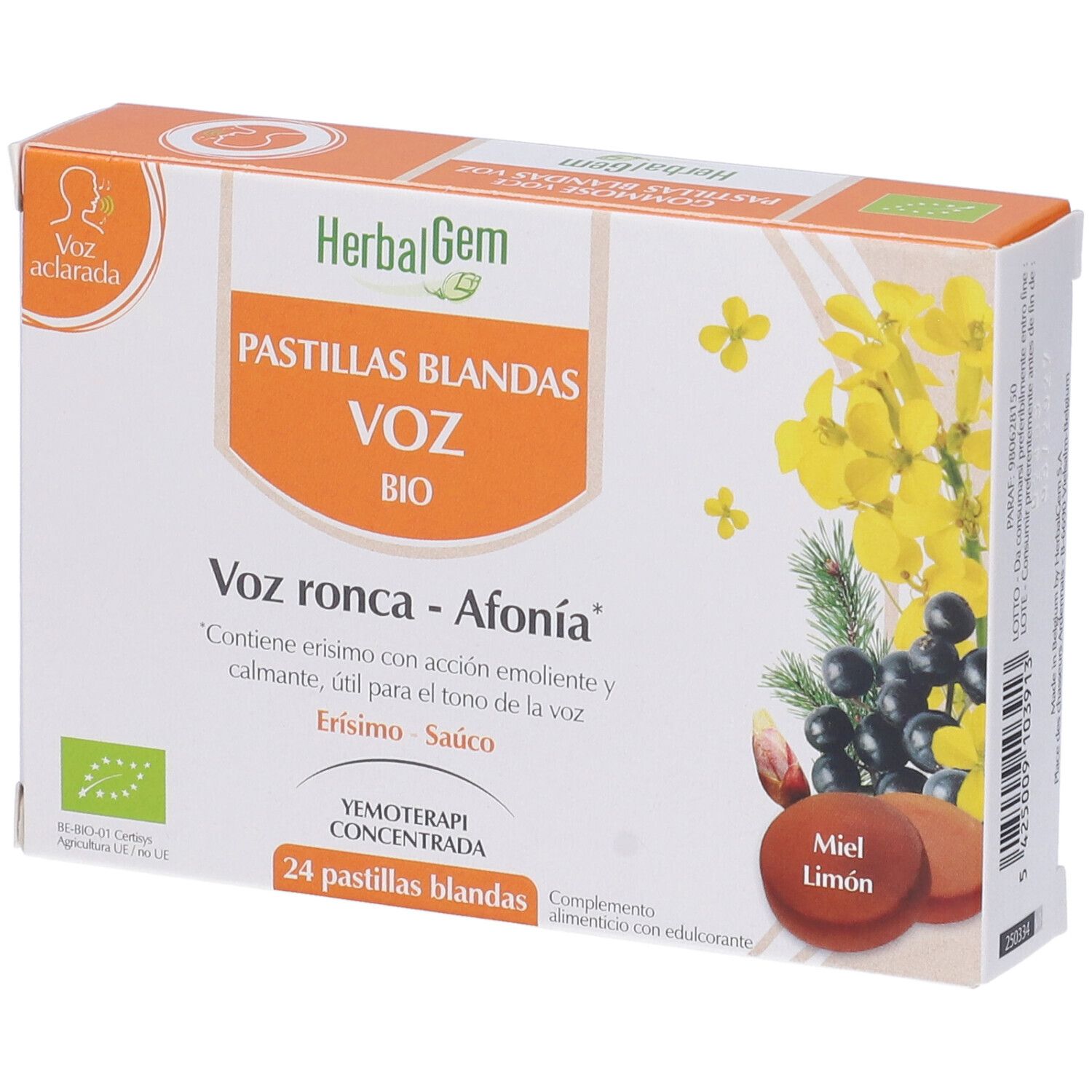 Scatola di pastiglie. Scritta: Pastillas Blandas Voz Bio. Illustrazioni di fiori e frutta. 24 pastiglie, gusto miele e limone.