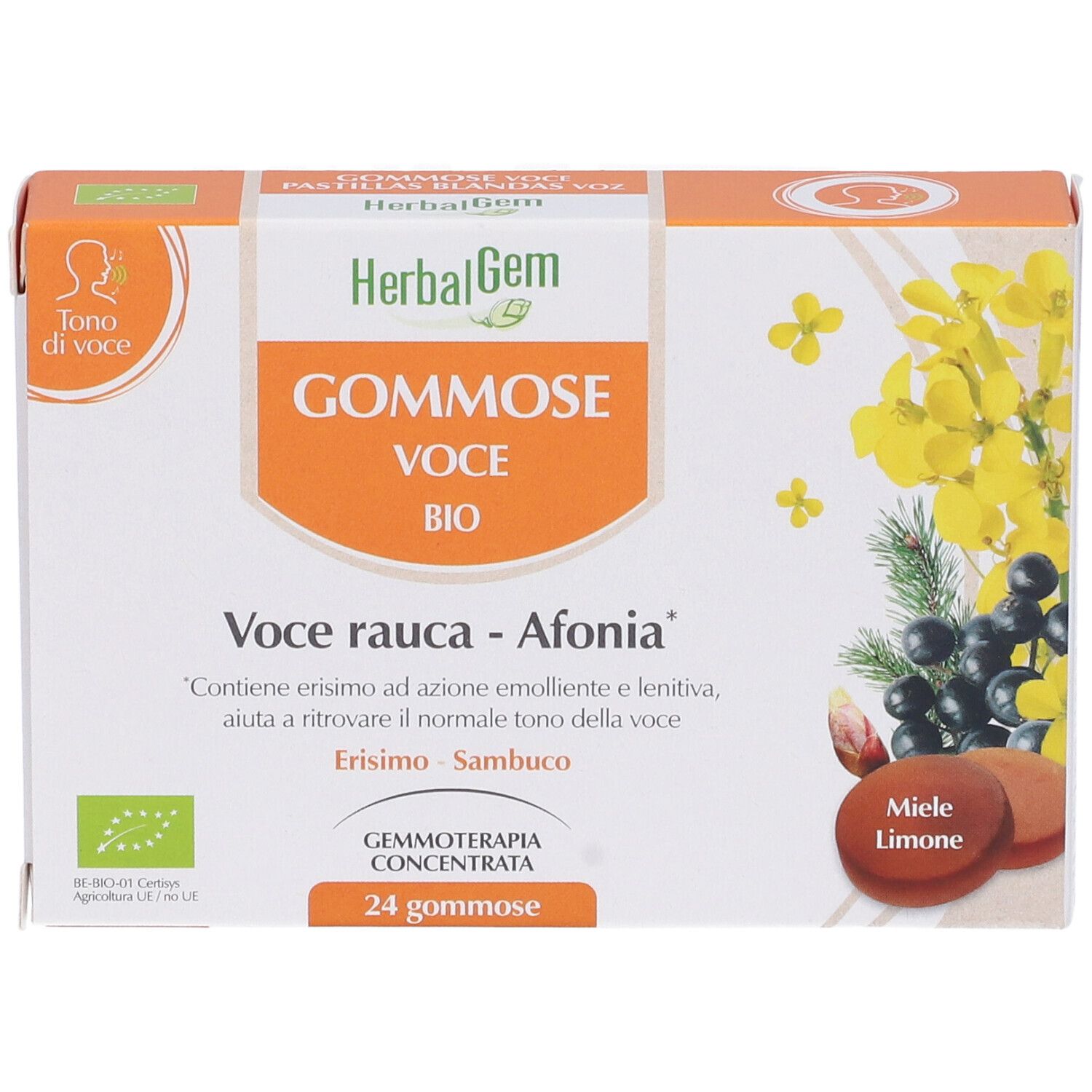 Scatola di caramelle gommose. Scritta: Gommose Voce Bio. Illustrazioni di fiori e frutta. 24 caramelle gommose, gusto miele e limone.