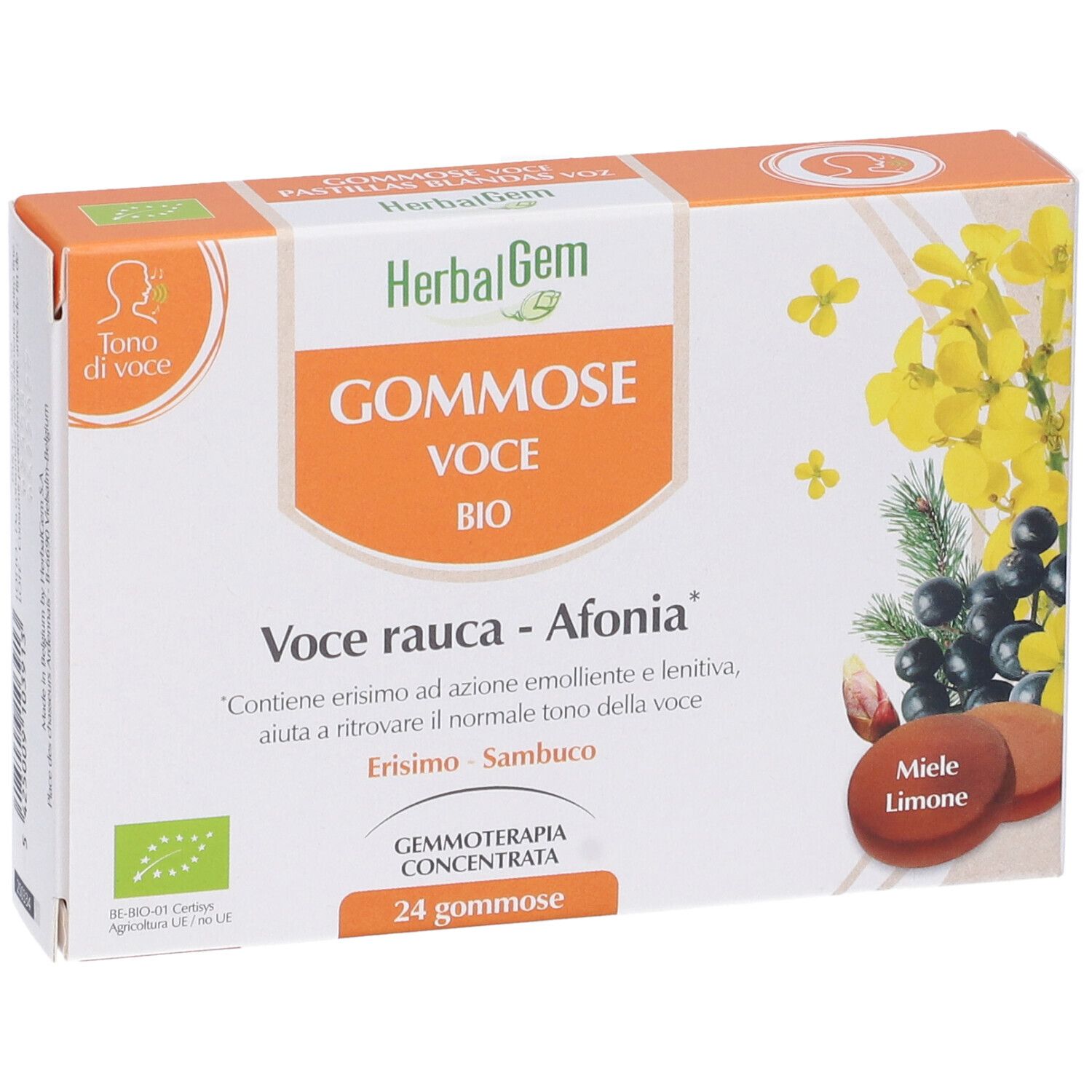 Scatola di caramelle gommose. Scritta: Gommose Voce Bio. Illustrazioni di fiori e frutta. 24 caramelle gommose, gusto miele e limone.