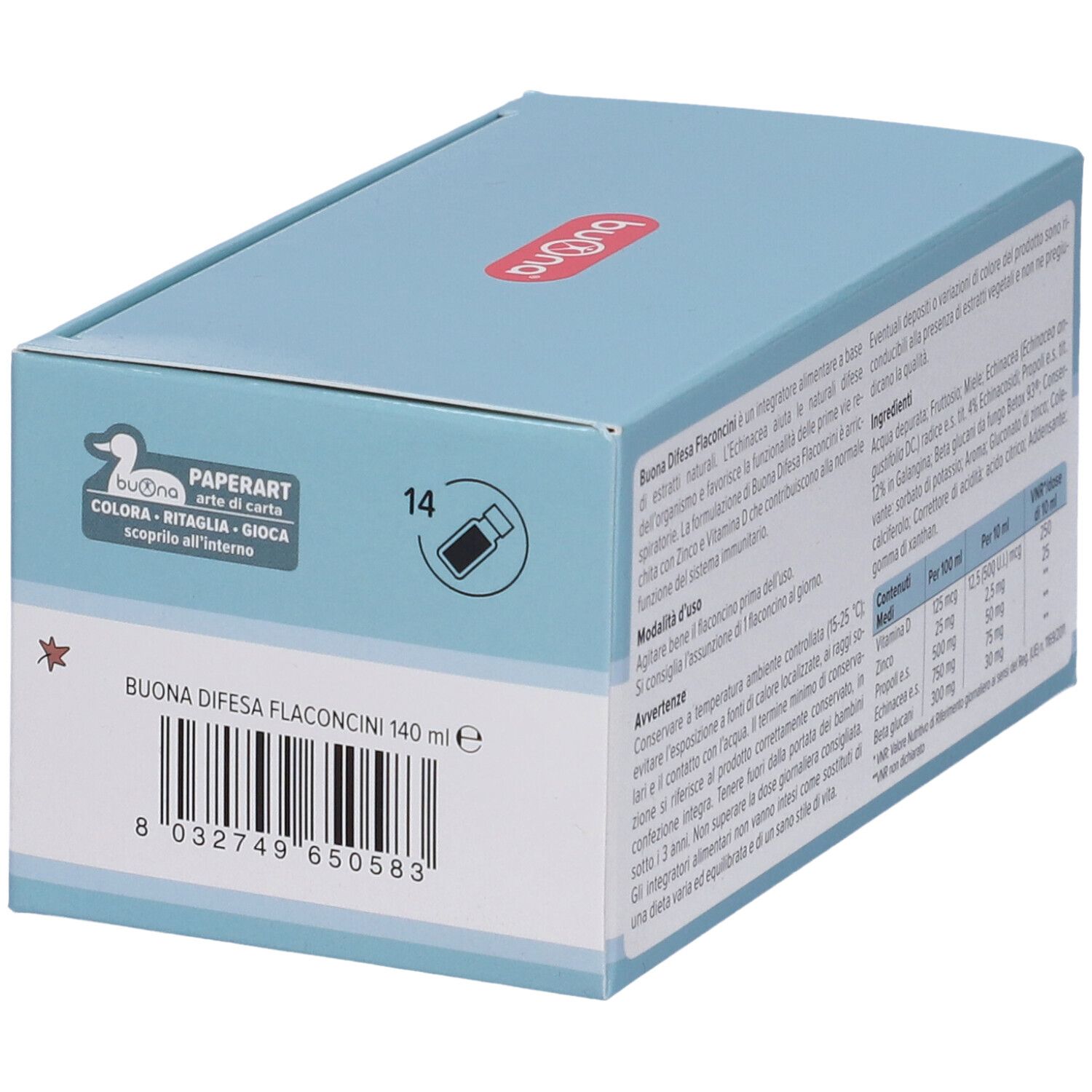 Hellblaue Schachtel mit Produktinformationen und Barcode. Enthält 14 Fläschchen, 140 ml.