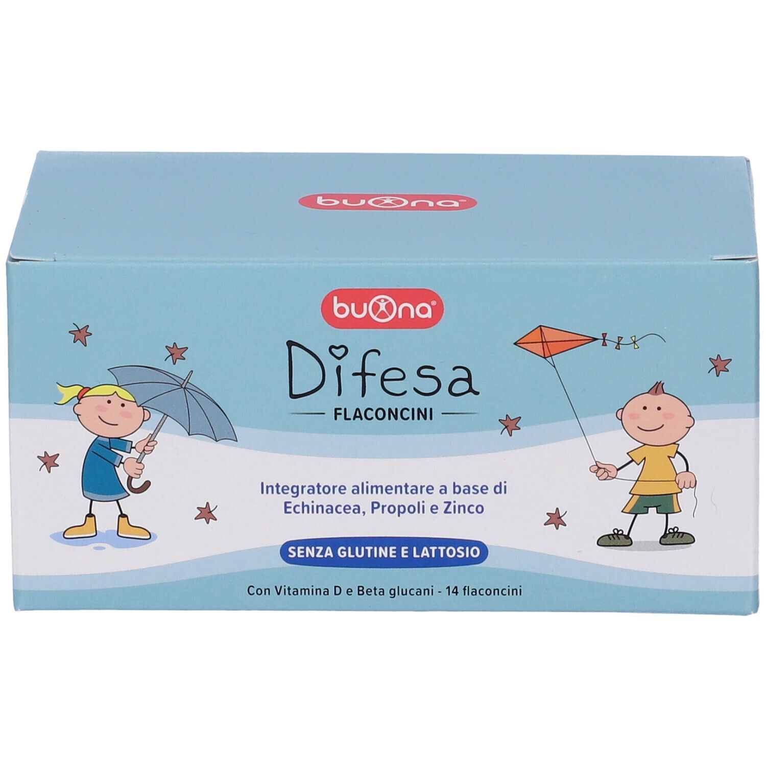 Hellblaue Schachtel mit Produktnamen und Illustrationen. Enthält 14 Fläschchen. Gluten- und laktosefrei.