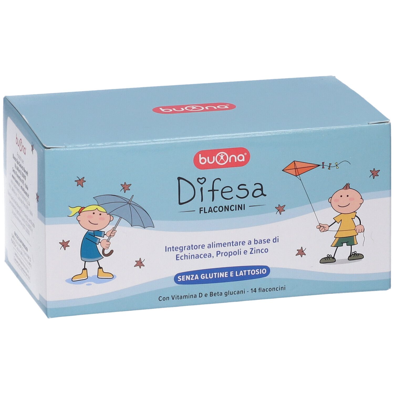 Hellblaue Schachtel mit Produktnamen und Illustrationen. Enthält 14 Fläschchen. Gluten- und laktosefrei.