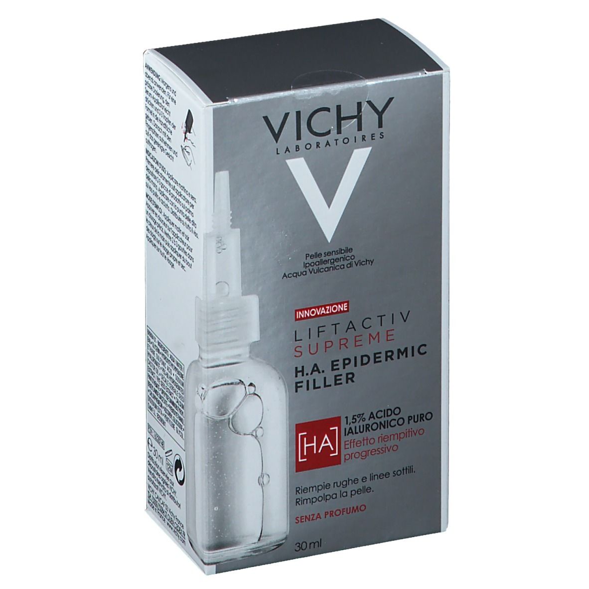 Produktverpackung. Aufschrift: VICHY LIFTACTIV SUPREME H.A. EPIDERMIC FILLER. 30ml. Mit Abbildung des Produkts.