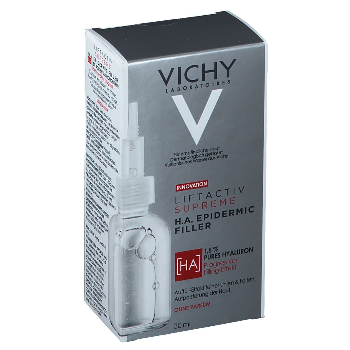 Produktverpackung. Aufschrift: VICHY LIFTACTIV SUPREME H.A. EPIDERMIC FILLER. Mit Abbildung des Produkts.