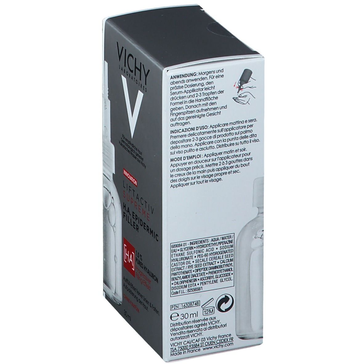 Produktverpackung. Aufschrift: VICHY LIFTACTIV SUPREME H.A. EPIDERMIC FILLER. Anwendungshinweise.