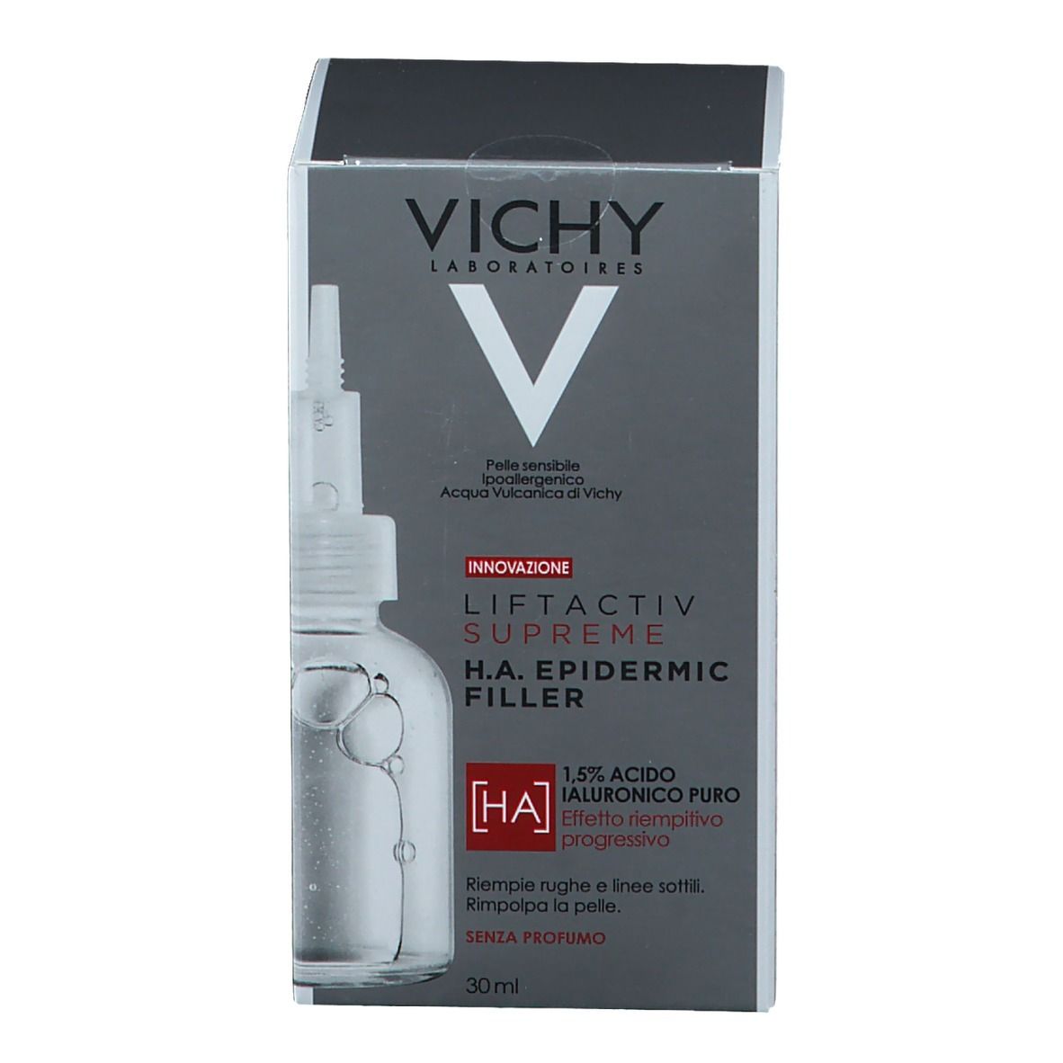 Produktverpackung. Aufschrift: VICHY LIFTACTIV SUPREME H.A. EPIDERMIC FILLER. Mit Abbildung des Produkts.
