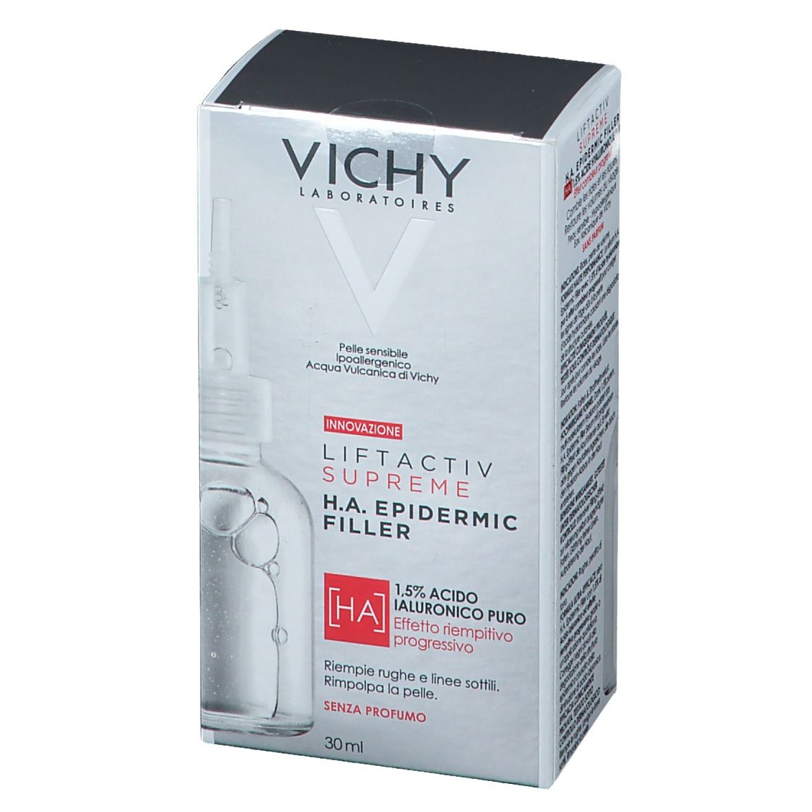Produktverpackung. Aufschrift: VICHY LIFTACTIV SUPREME H.A. EPIDERMIC FILLER. 30ml.