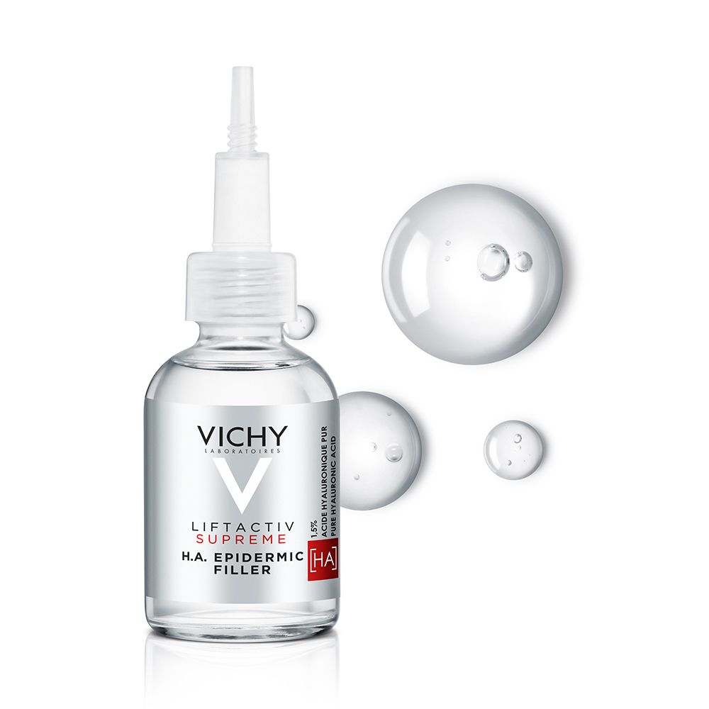 Serum-Tröpfchen und Flasche. Aufschrift: VICHY LIFTACTIV SUPREME H.A. EPIDERMIC FILLER.