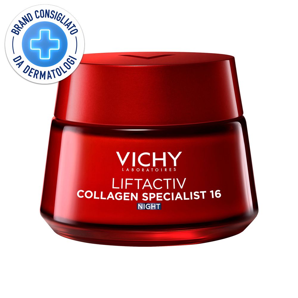 Rote Creme-Dose mit Aufschrift VICHY Liftactiv Collagen Specialist 16 Night. Dermatologisch getestet.