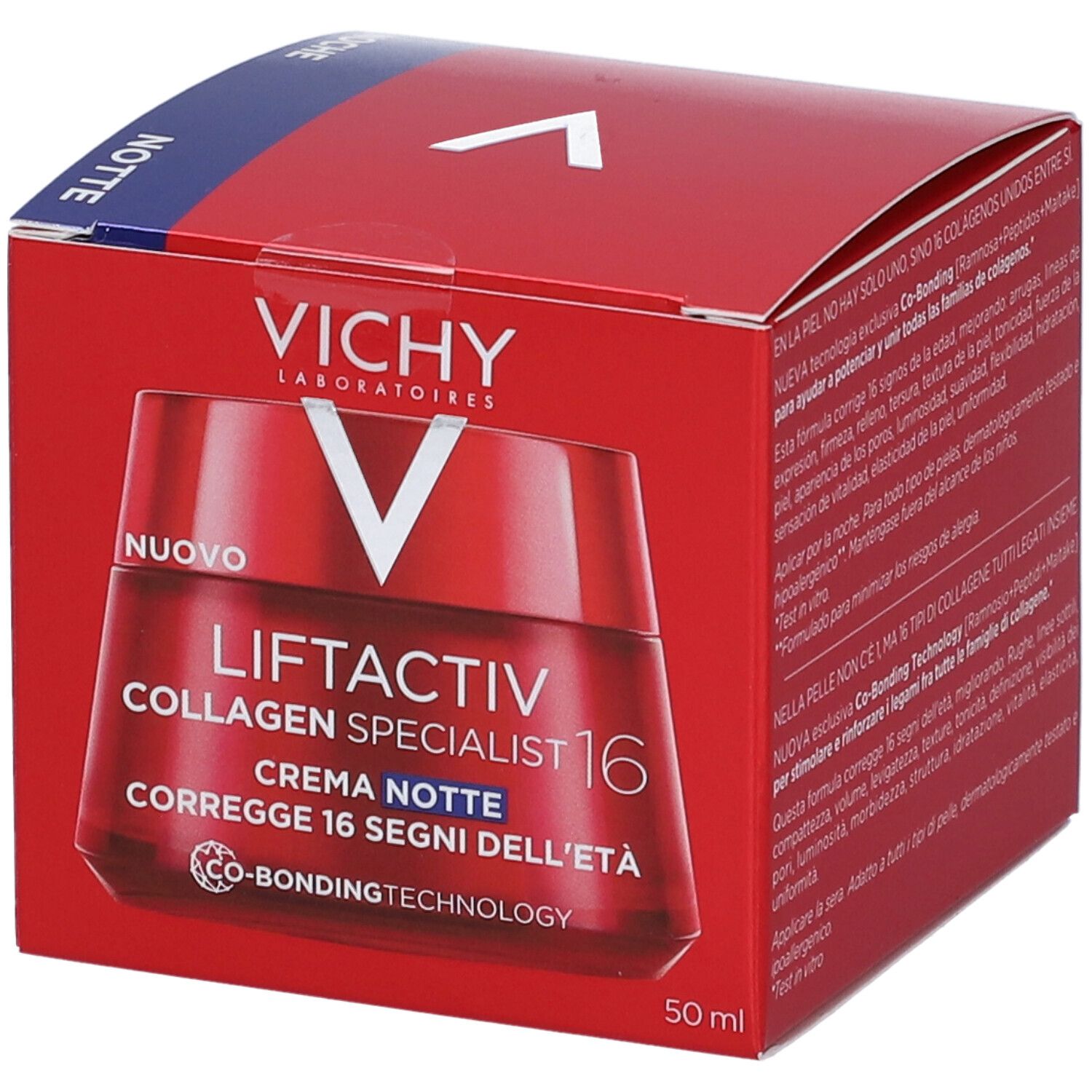 Verpackung. VICHY Liftactiv Collagen Specialist 16. Creme de Noche. Corregge 16 segni dell'età. 50 ml.